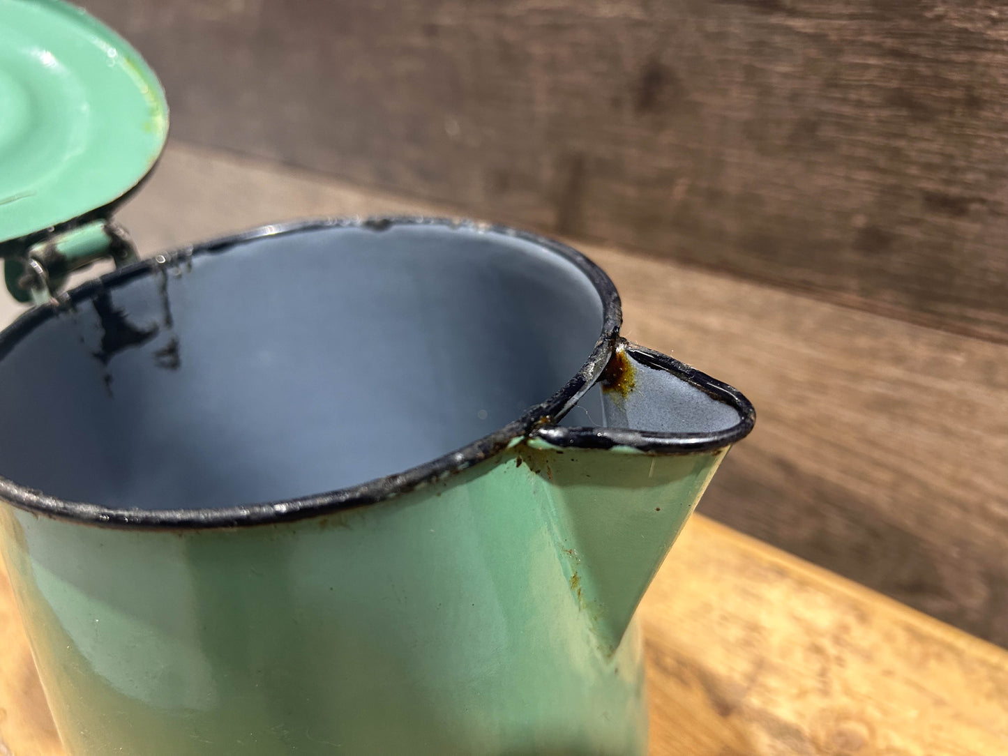 Vintage French Green Enamel Coffee Pot with Hinged Lid