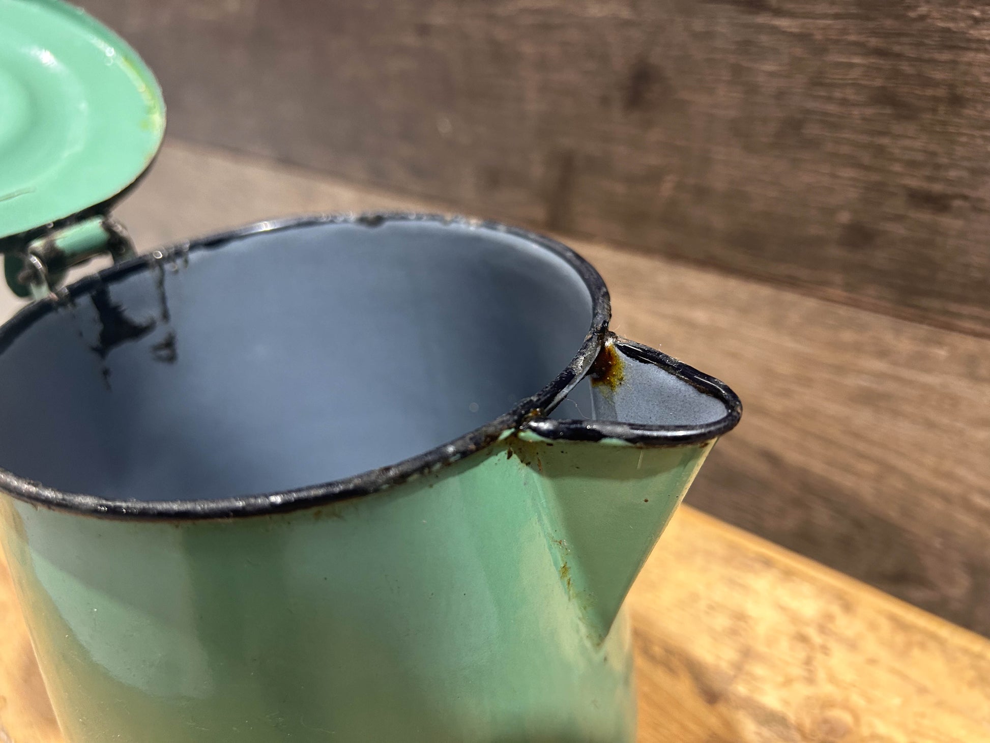 Vintage French Green Enamel Coffee Pot with Hinged Lid