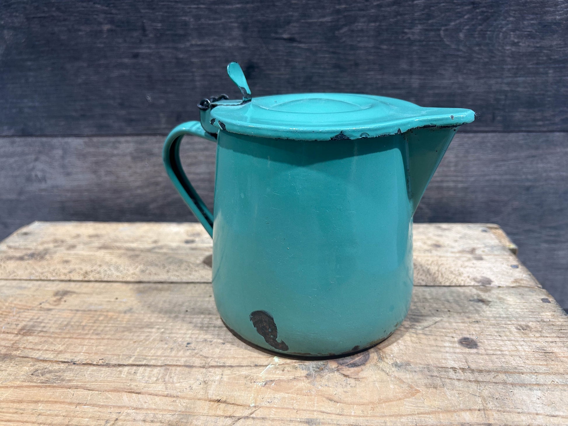 Vintage French Green Enamel Coffee Pot with Hinged Lid