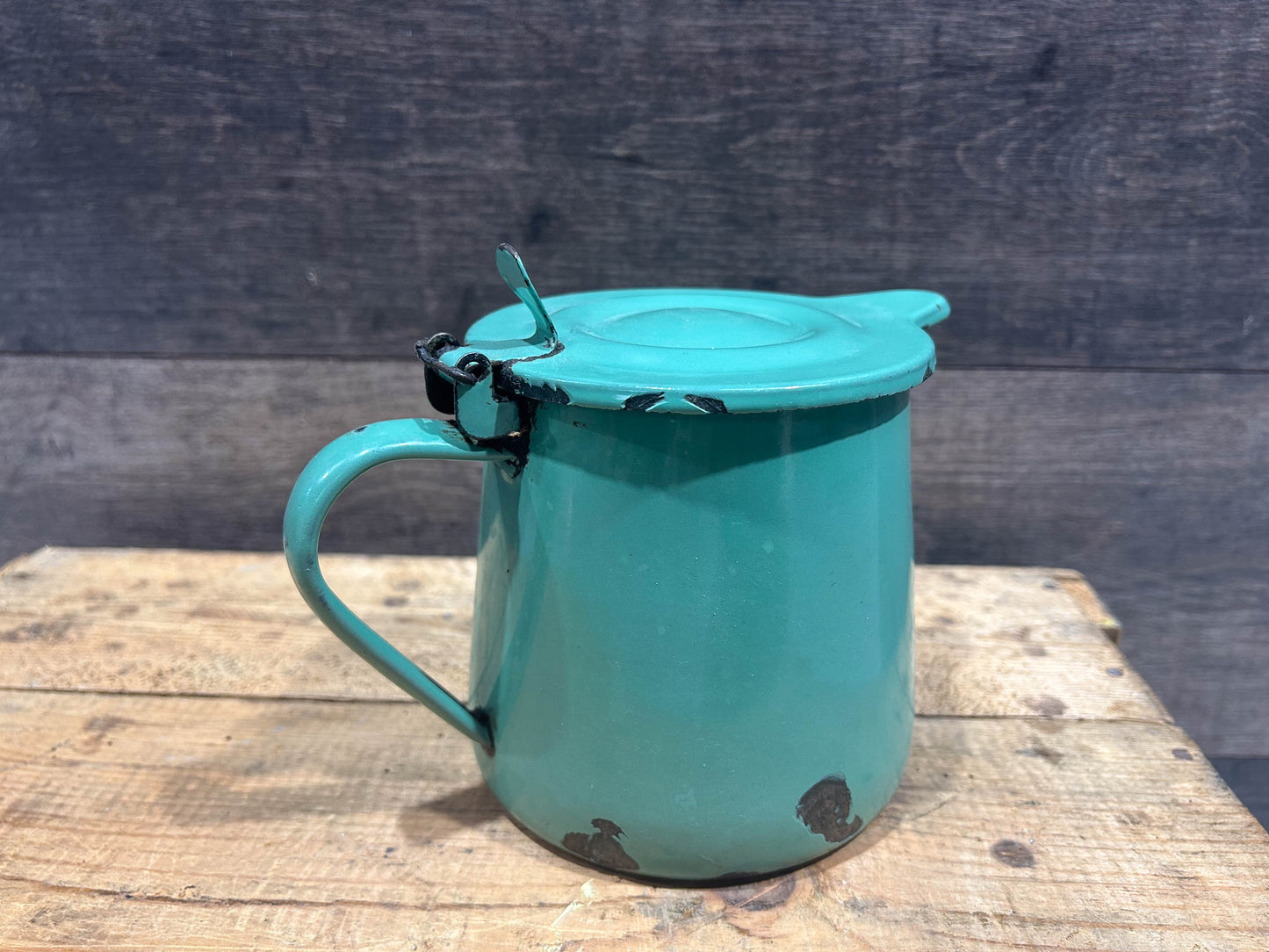 Vintage French Green Enamel Coffee Pot with Hinged Lid