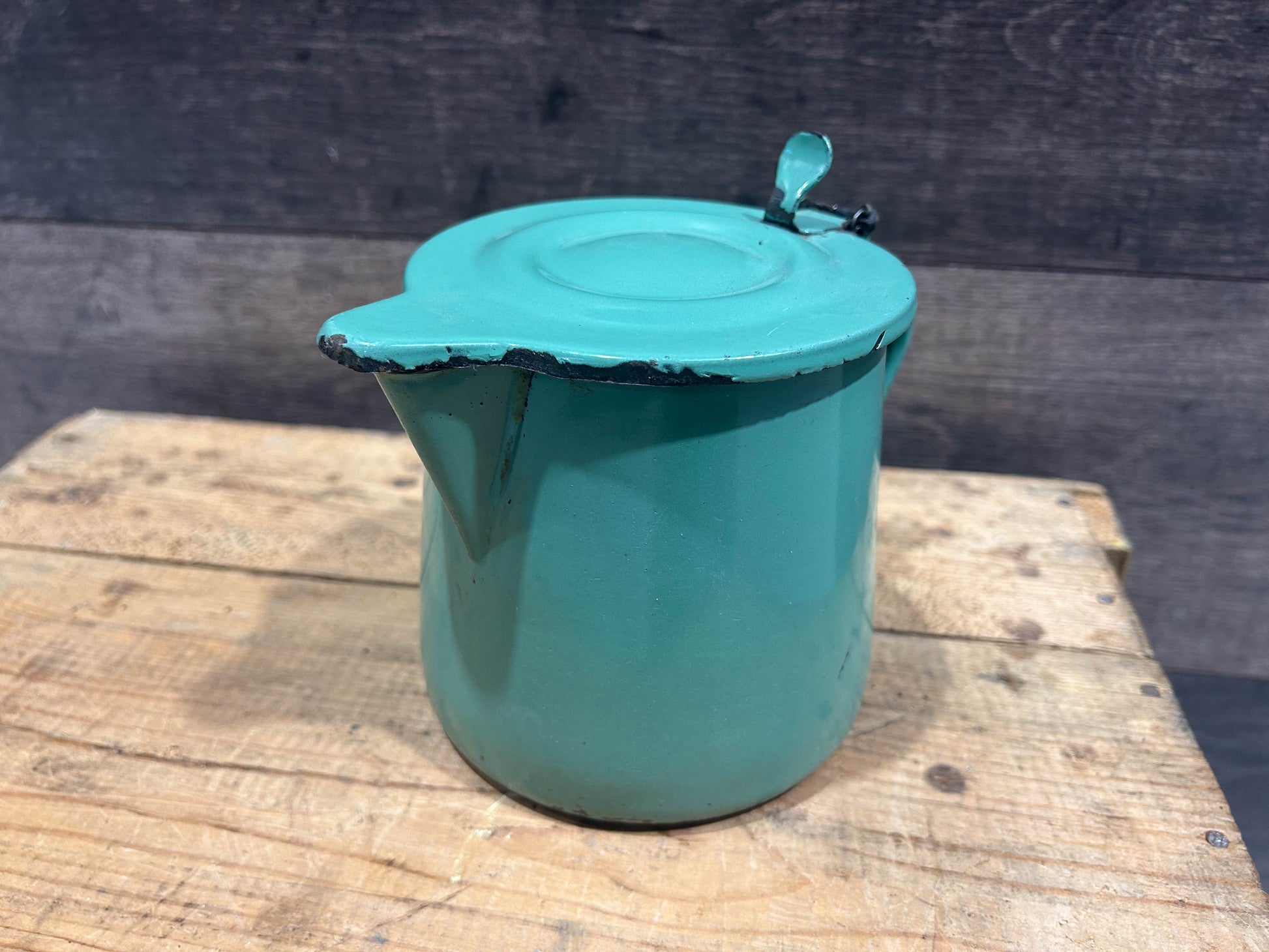 Vintage French Green Enamel Coffee Pot with Hinged Lid