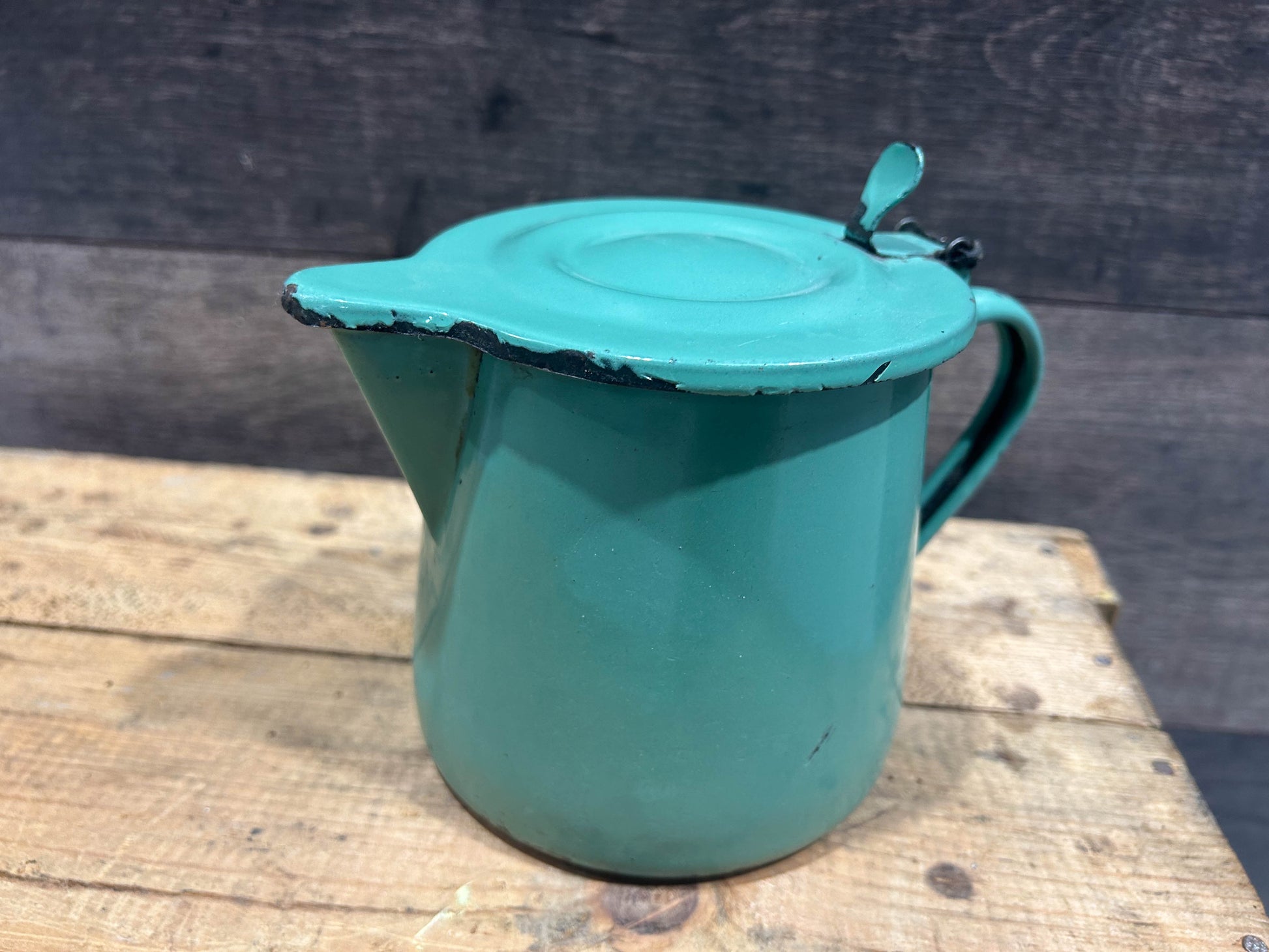 Vintage French Green Enamel Coffee Pot with Hinged Lid