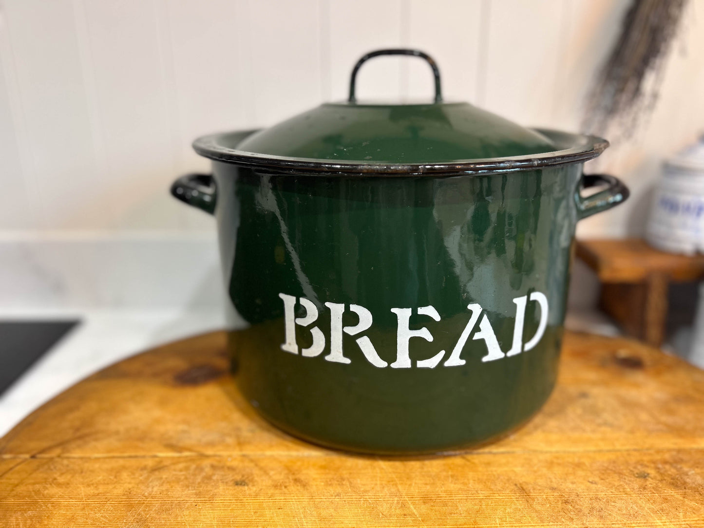 Vintage Green Enamel Double Handle Bread Bin - Made in Poland