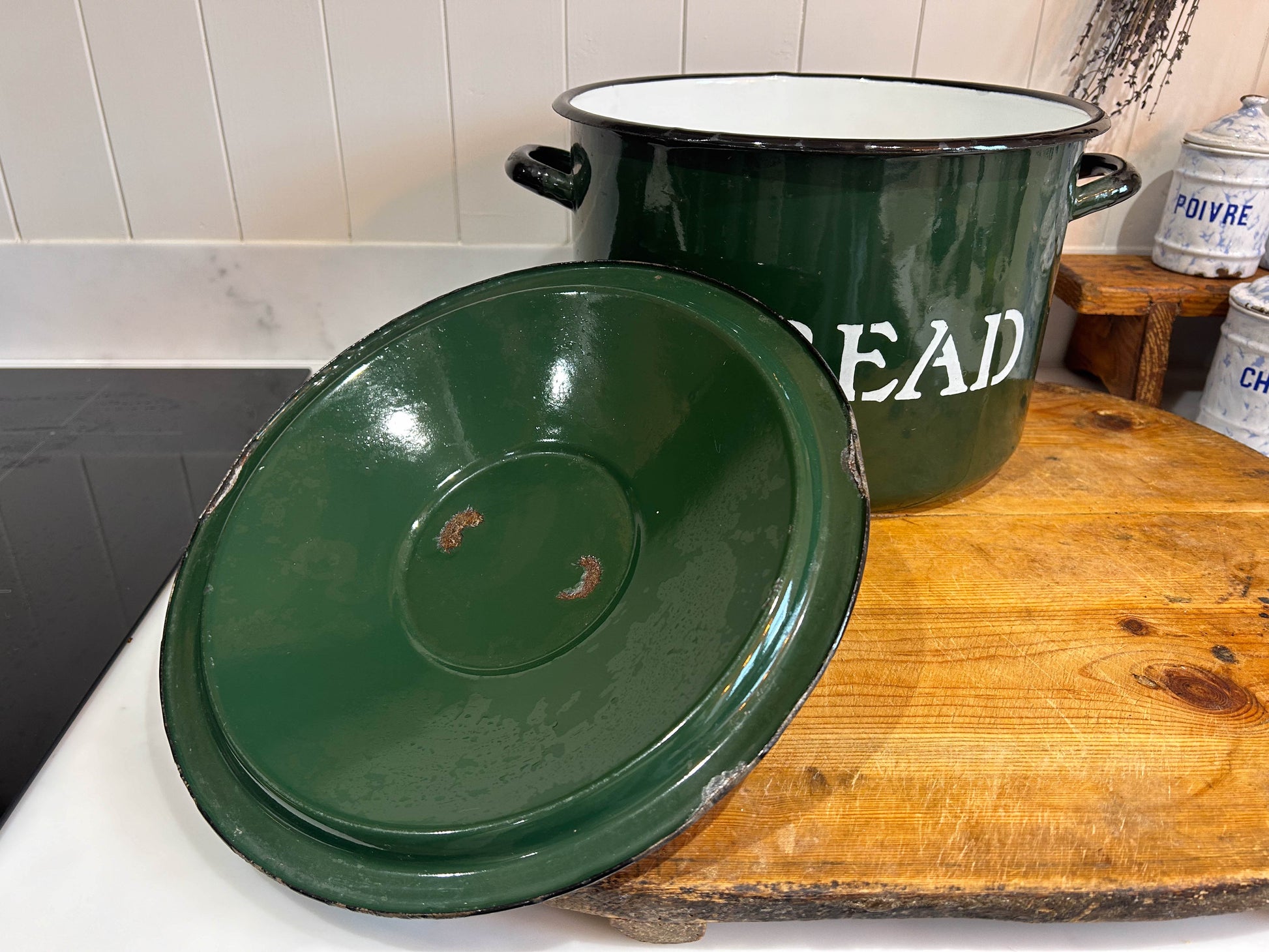 Vintage Green Enamel Double Handle Bread Bin - Made in Poland