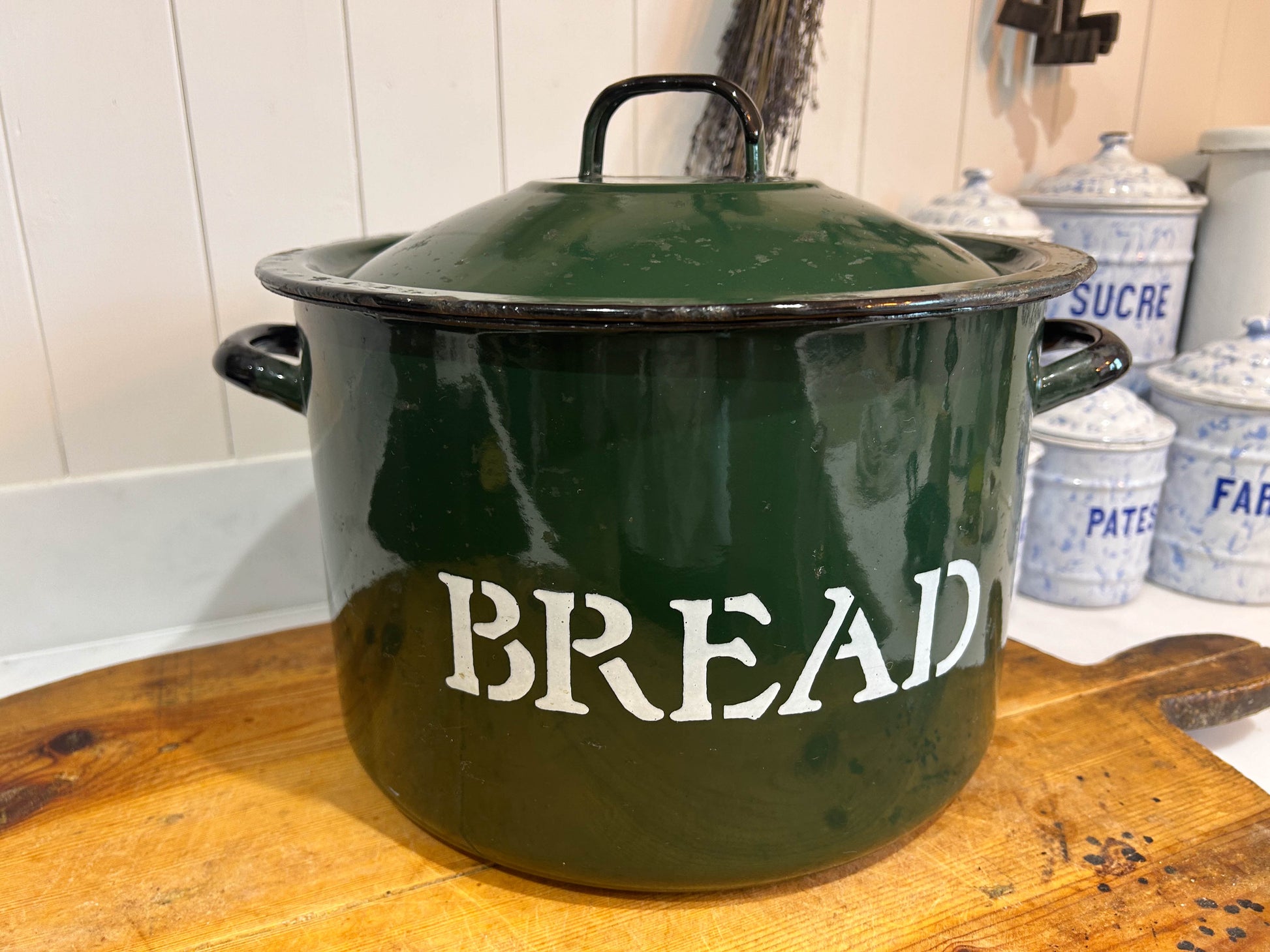 Vintage Green Enamel Double Handle Bread Bin - Made in Poland