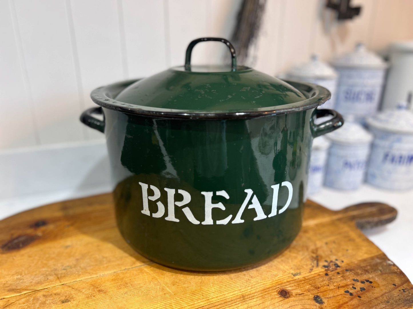 Vintage Green Enamel Double Handle Bread Bin - Made in Poland