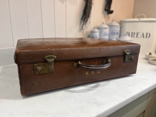 Small Vintage Brown Suitcase with 'K.E.C' Lettering