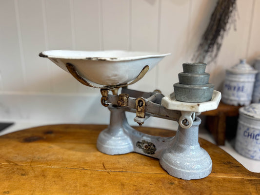 Vintage Rare Antique Staines Kitchen Equipment Blue Cast Iron Enamel Kitchen Weighing Scales with Weights