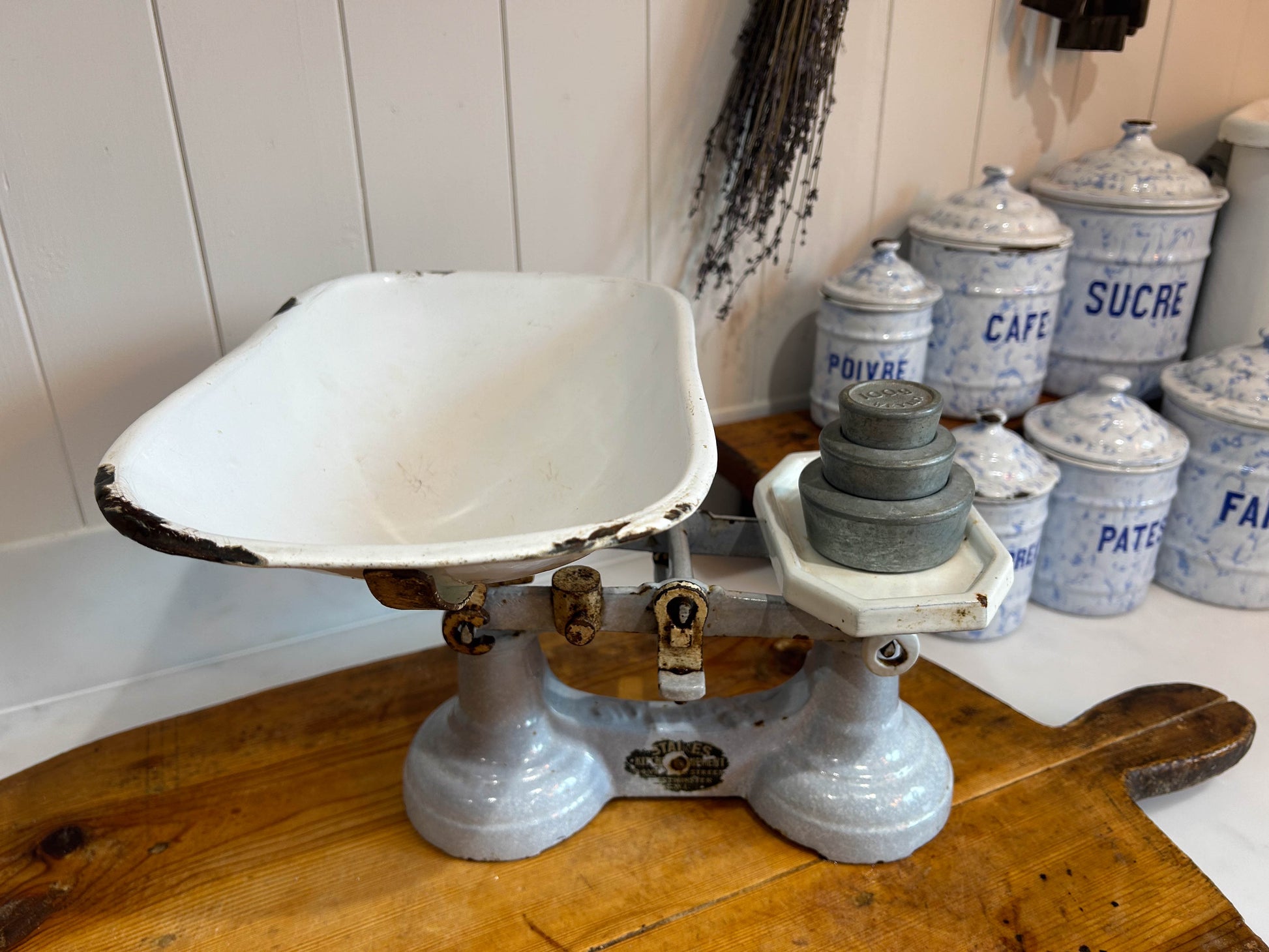 Vintage Rare Antique Staines Kitchen Equipment Blue Cast Iron Enamel Kitchen Weighing Scales with Weights