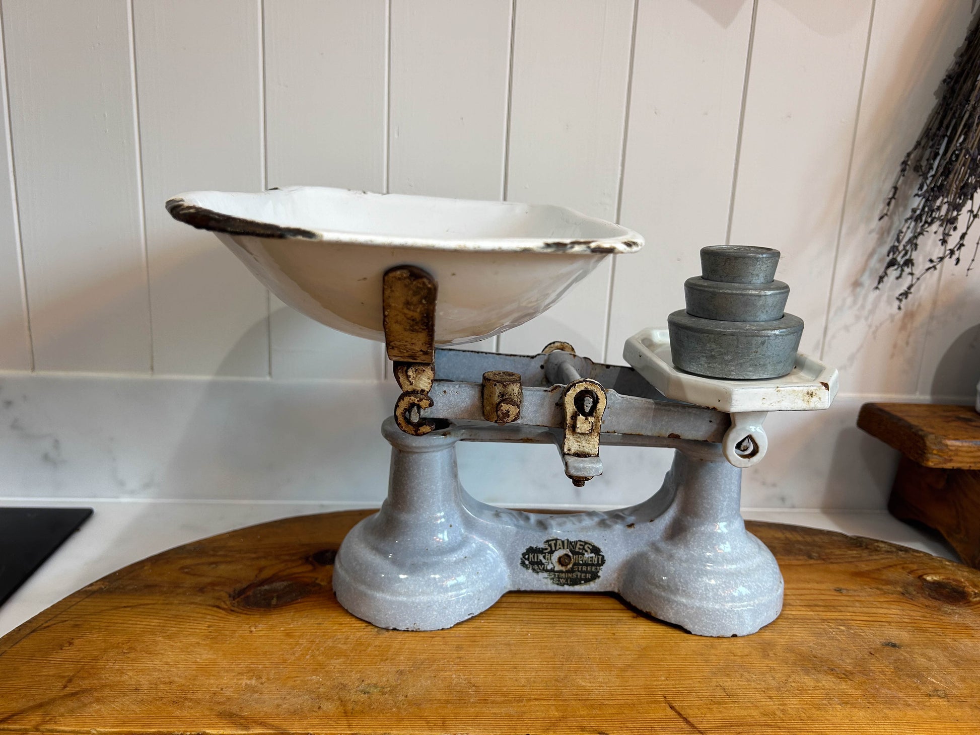 Vintage Rare Antique Staines Kitchen Equipment Blue Cast Iron Enamel Kitchen Weighing Scales with Weights