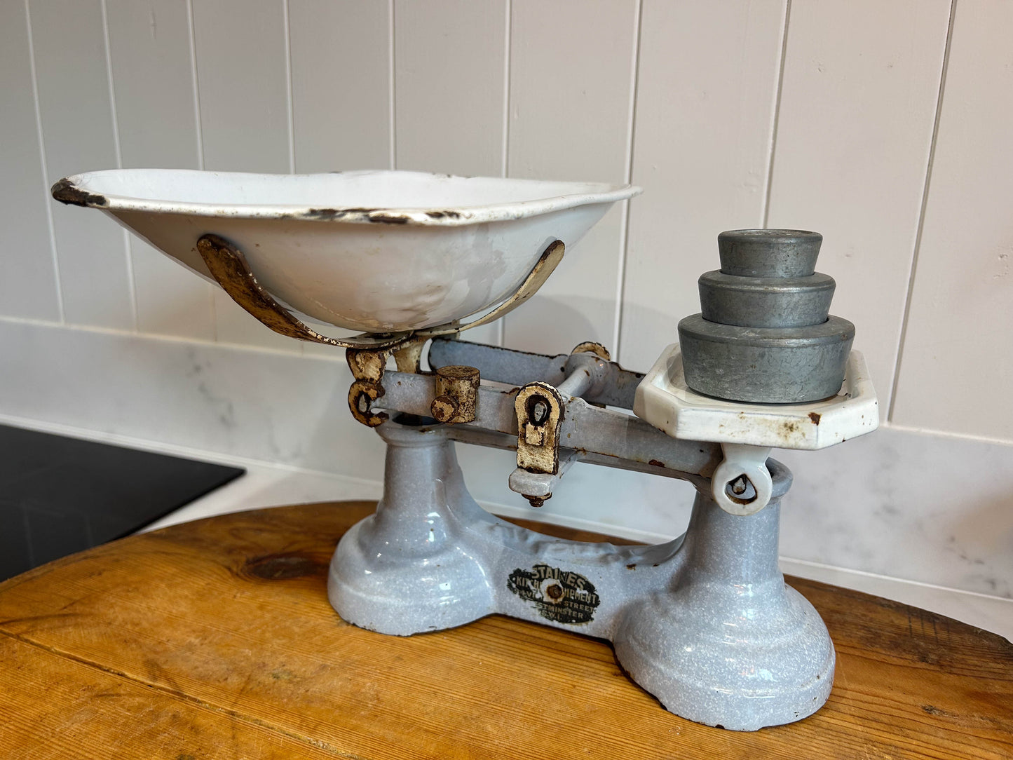 Vintage Rare Antique Staines Kitchen Equipment Blue Cast Iron Enamel Kitchen Weighing Scales with Weights