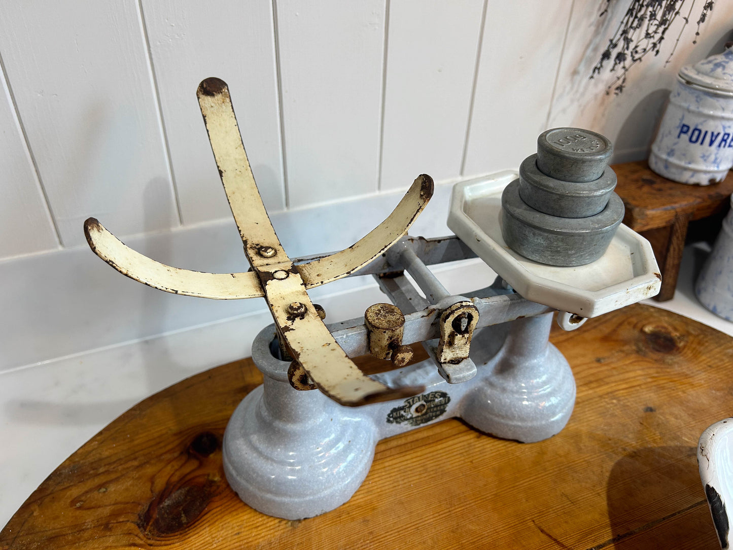 Vintage Rare Antique Staines Kitchen Equipment Blue Cast Iron Enamel Kitchen Weighing Scales with Weights