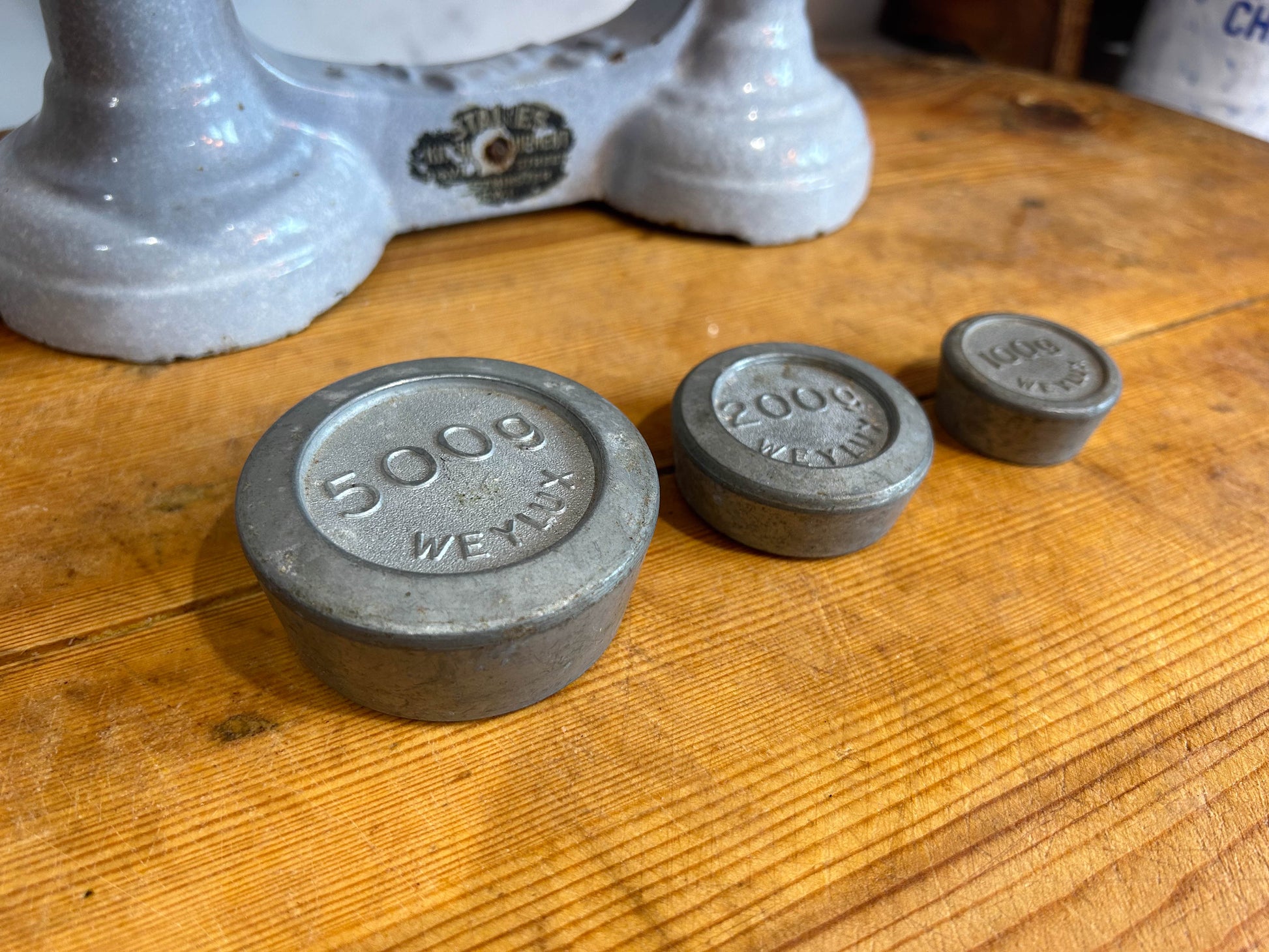 Vintage Rare Antique Staines Kitchen Equipment Blue Cast Iron Enamel Kitchen Weighing Scales with Weights