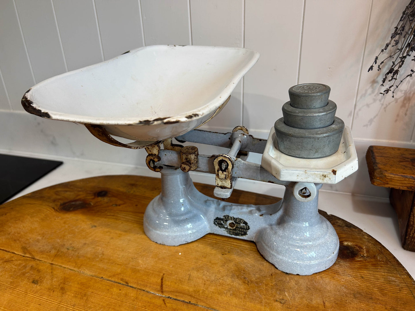 Vintage Rare Antique Staines Kitchen Equipment Blue Cast Iron Enamel Kitchen Weighing Scales with Weights