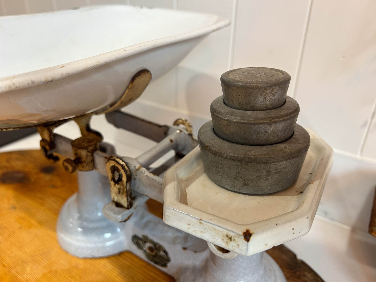 Vintage Rare Antique Staines Kitchen Equipment Blue Cast Iron Enamel Kitchen Weighing Scales with Weights