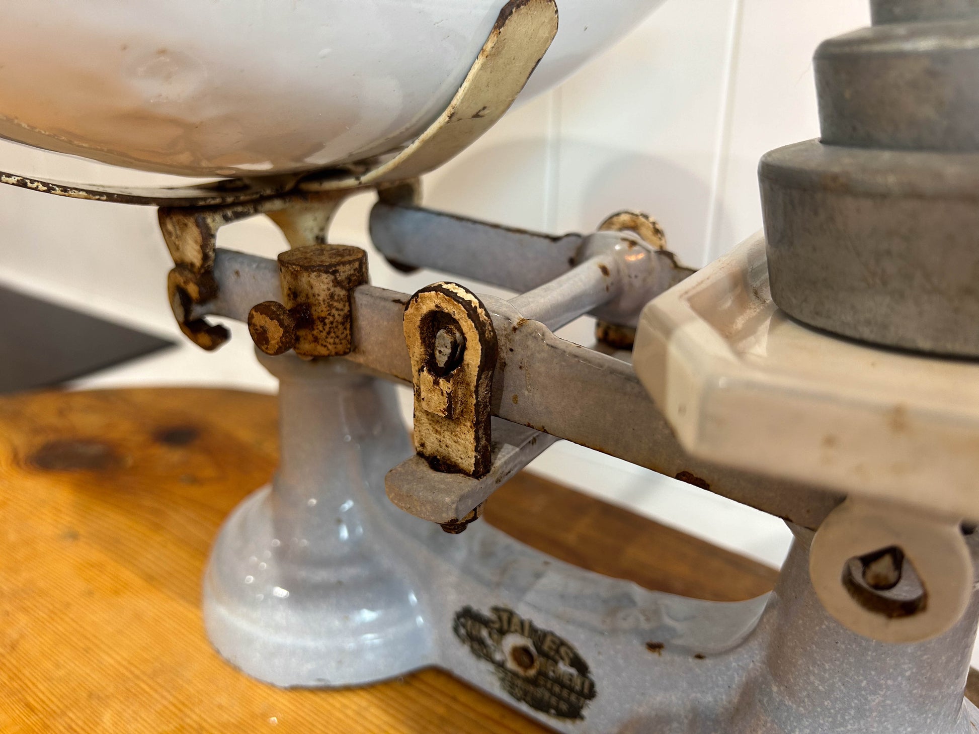 Vintage Rare Antique Staines Kitchen Equipment Blue Cast Iron Enamel Kitchen Weighing Scales with Weights