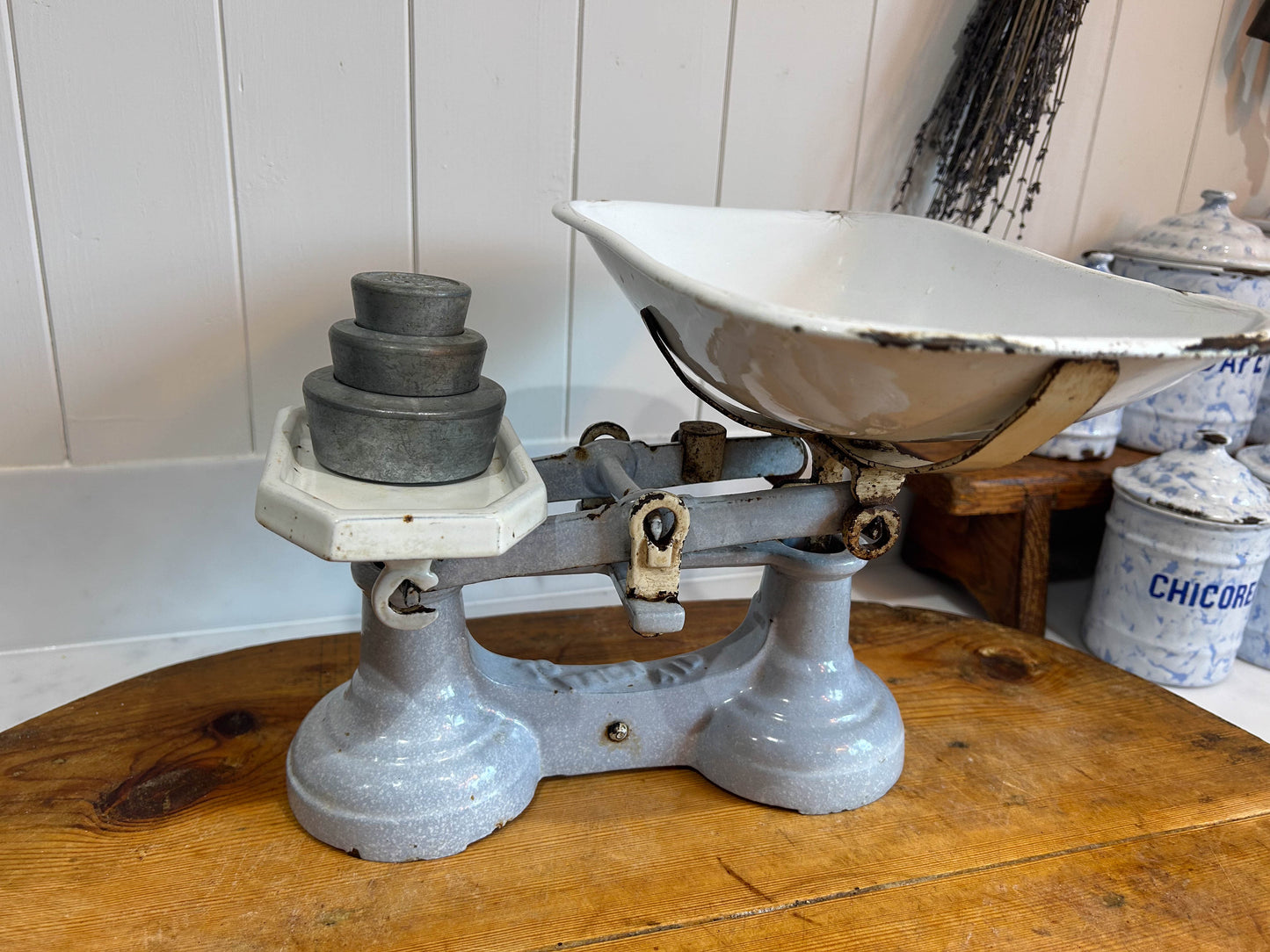 Vintage Rare Antique Staines Kitchen Equipment Blue Cast Iron Enamel Kitchen Weighing Scales with Weights