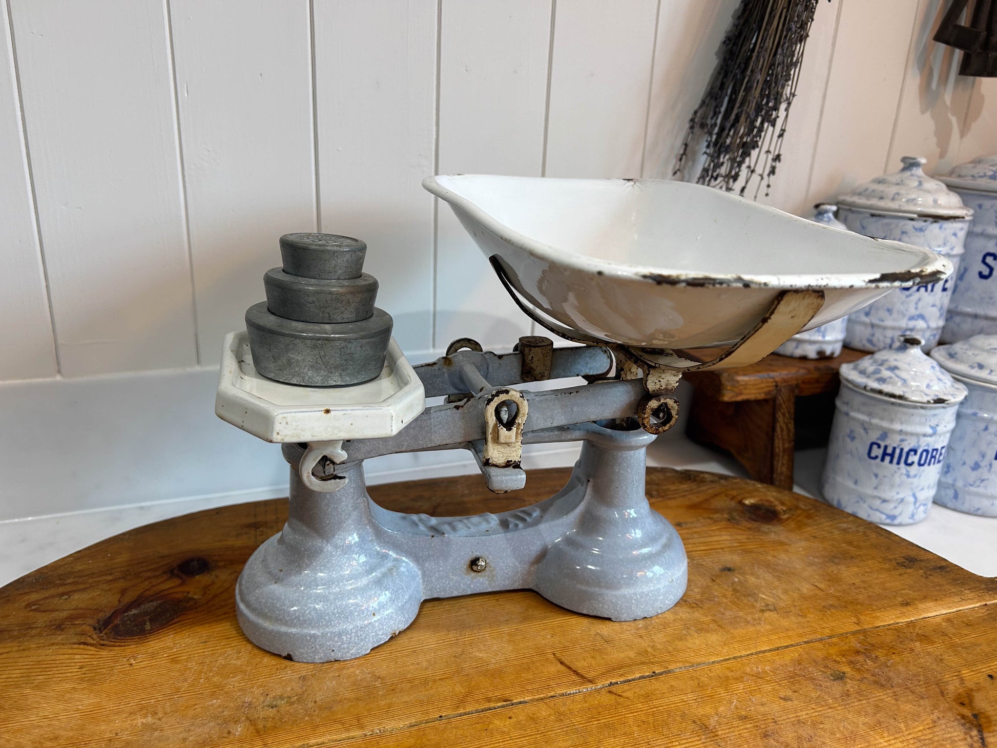 Vintage Rare Antique Staines Kitchen Equipment Blue Cast Iron Enamel Kitchen Weighing Scales with Weights