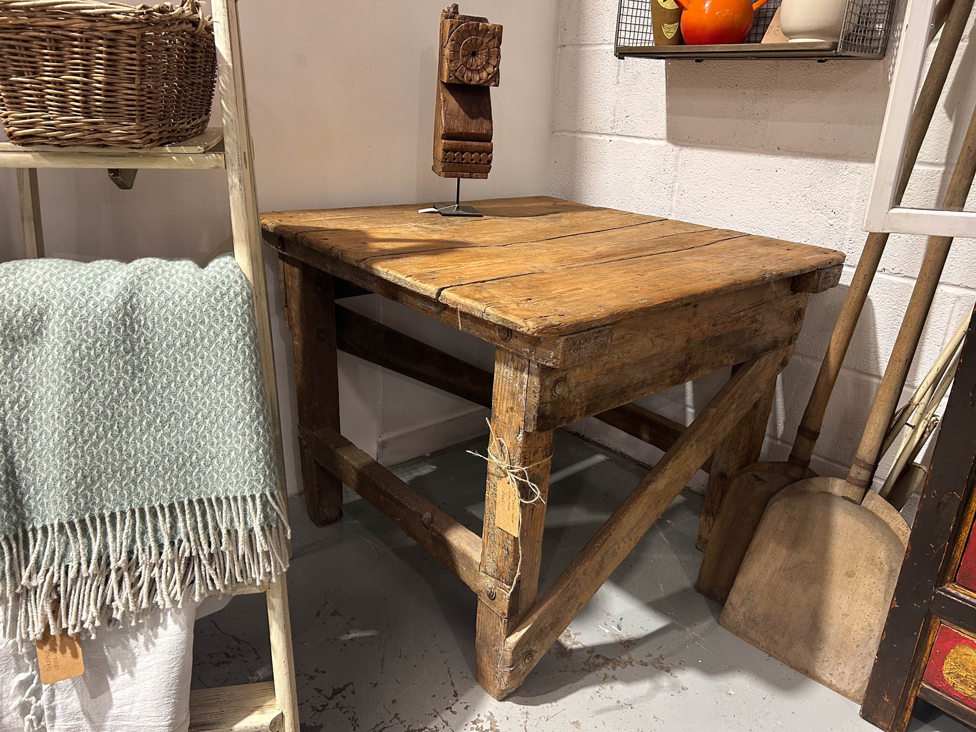 Antique French Rustic Farmhouse Wooden Work Table Station