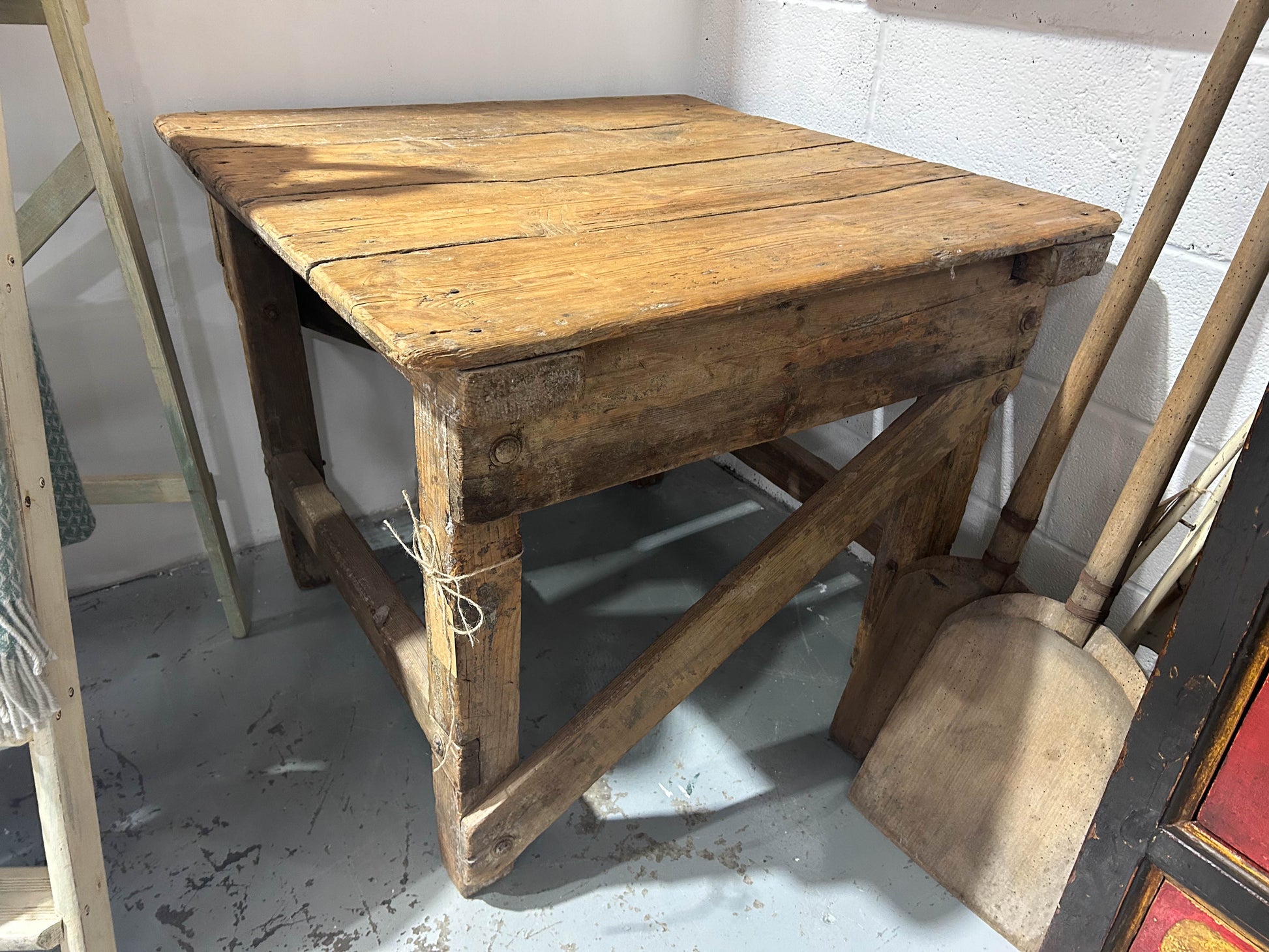 Antique French Rustic Farmhouse Wooden Work Table Station