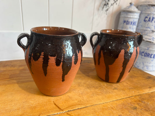 Small Terracotta Black Drip Glazed Pot with Handles