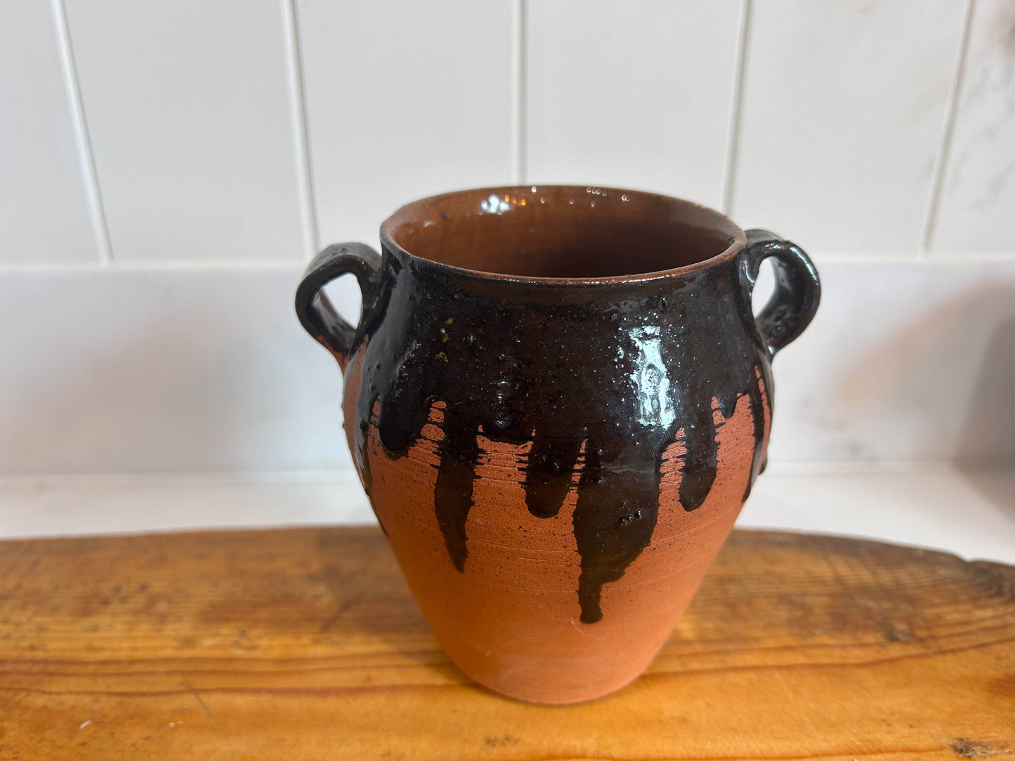 Small Terracotta Black Drip Glazed Pot with Handles