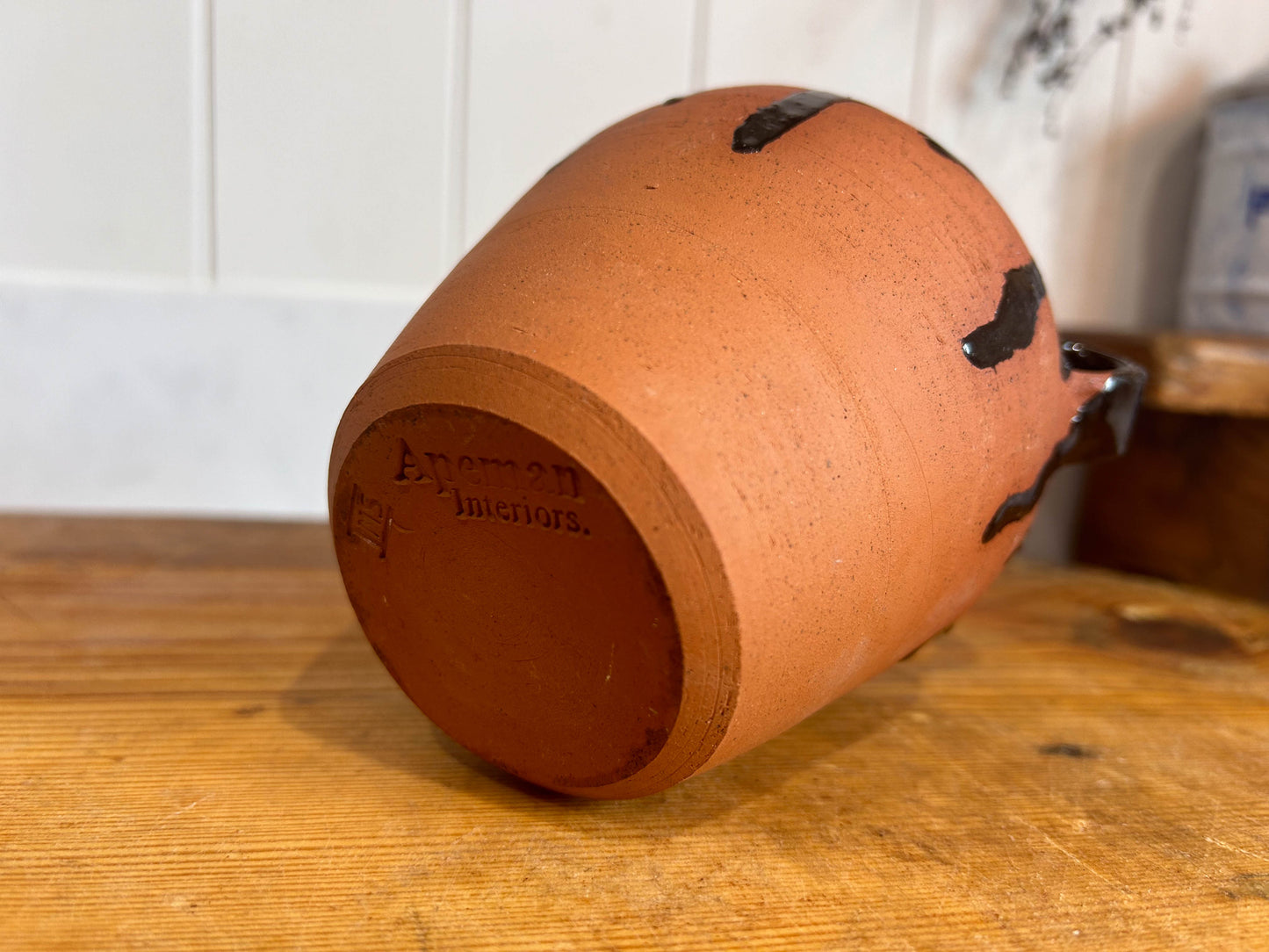 Small Terracotta Black Drip Glazed Pot with Handles