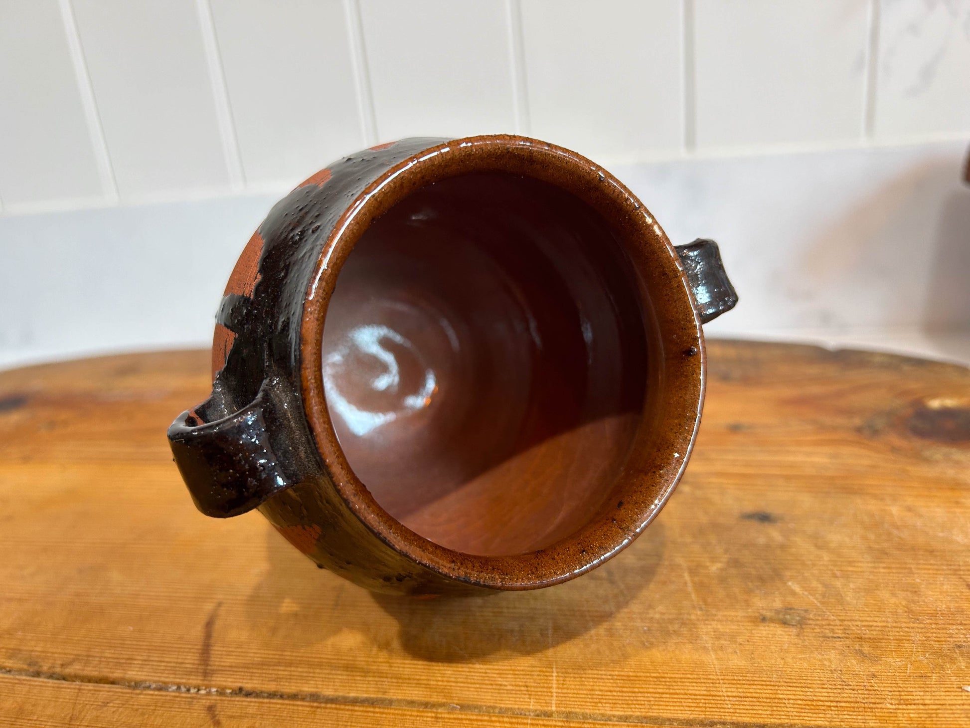 Small Terracotta Black Drip Glazed Pot with Handles