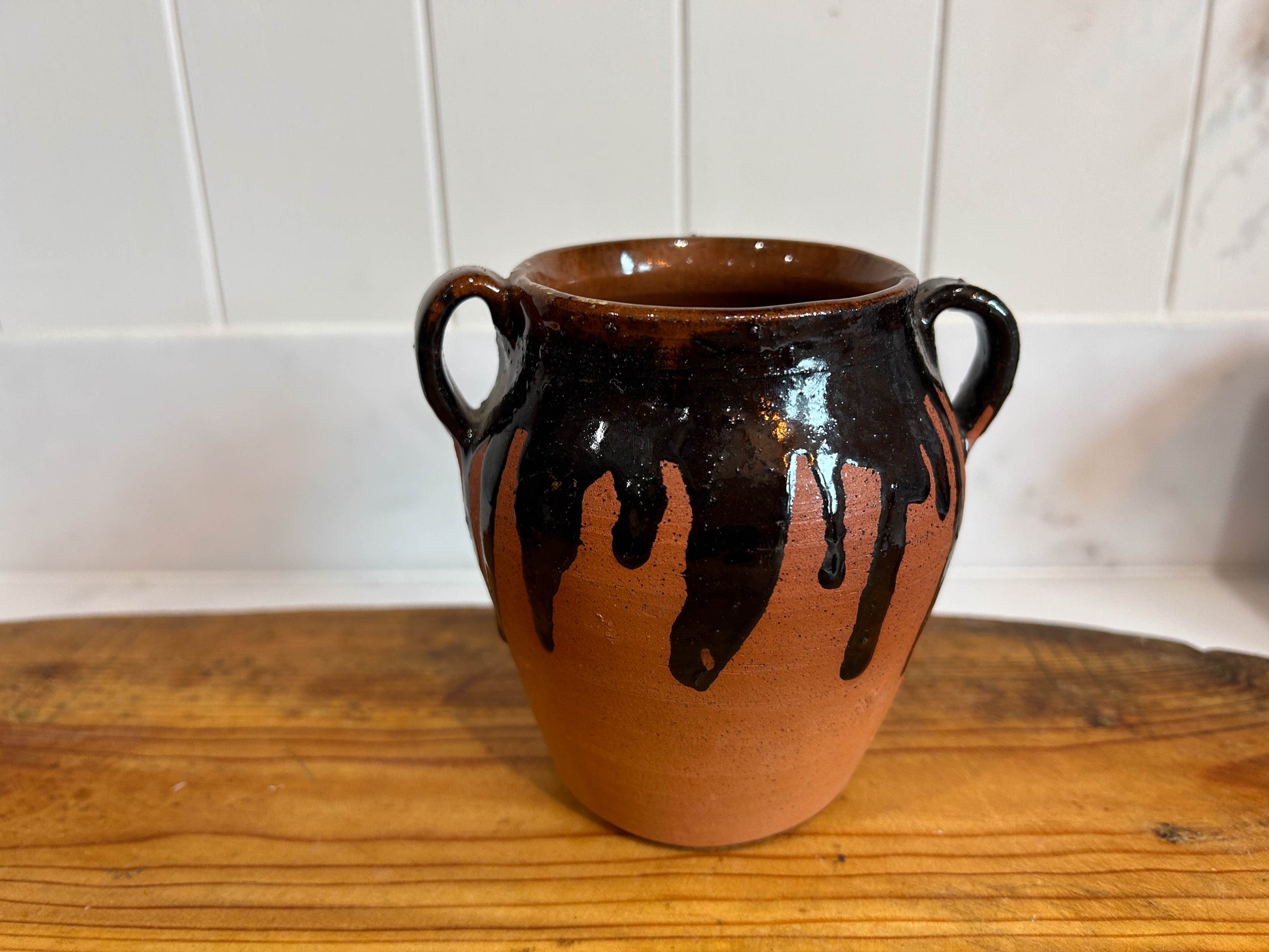 Small Terracotta Black Drip Glazed Pot with Handles