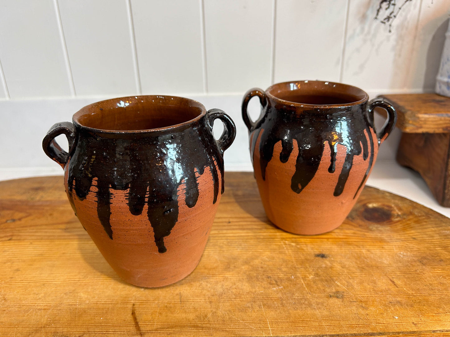 Small Terracotta Black Drip Glazed Pot with Handles