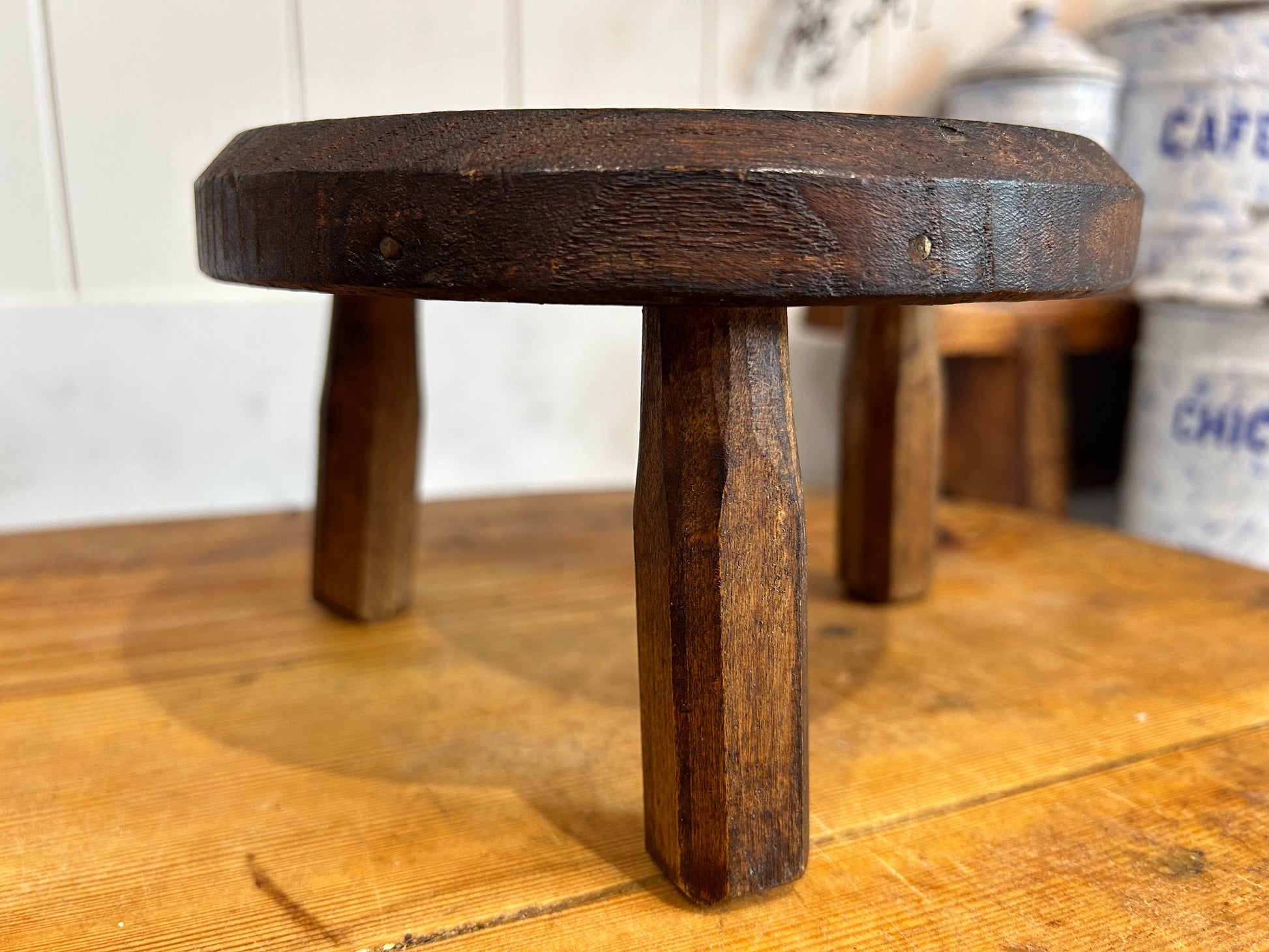 Small Wooden Rustic Tripod Stool with Round Circular Seat Top