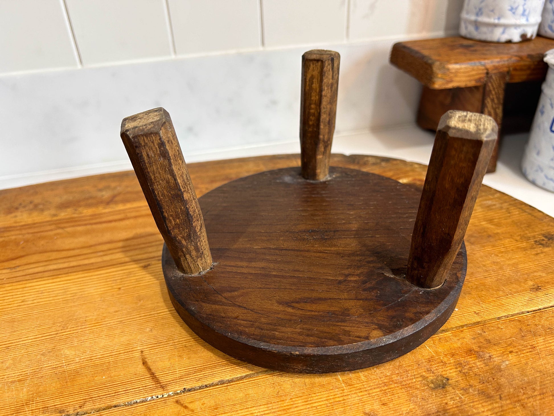 Small Wooden Rustic Tripod Stool with Round Circular Seat Top