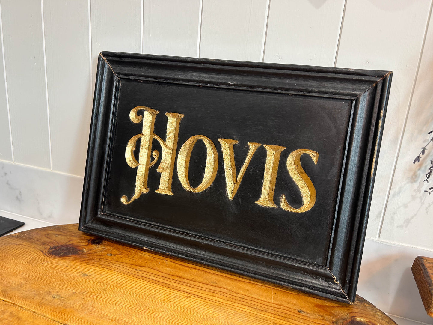 Vintage Antique Hovis Advertising Black Wooden Sign with Engraved Guilt Lettering in Frame