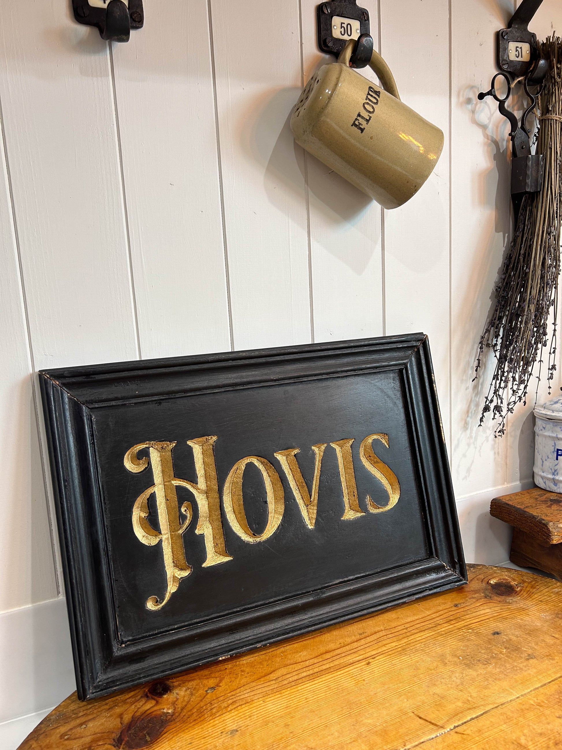 Vintage Antique Hovis Advertising Black Wooden Sign with Engraved Guilt Lettering in Frame