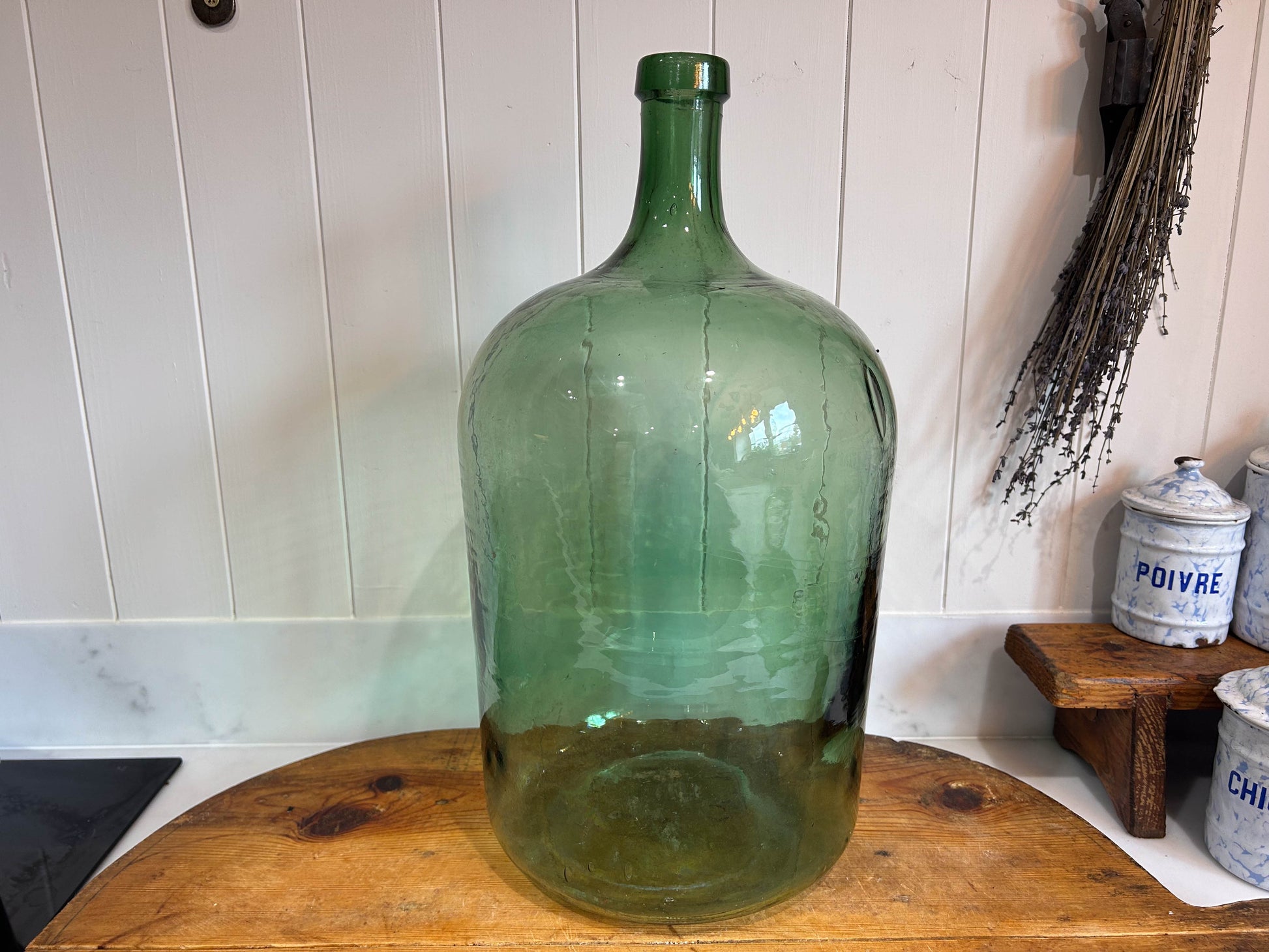 Large Vintage French Green Glass Vase Dame Jeanne