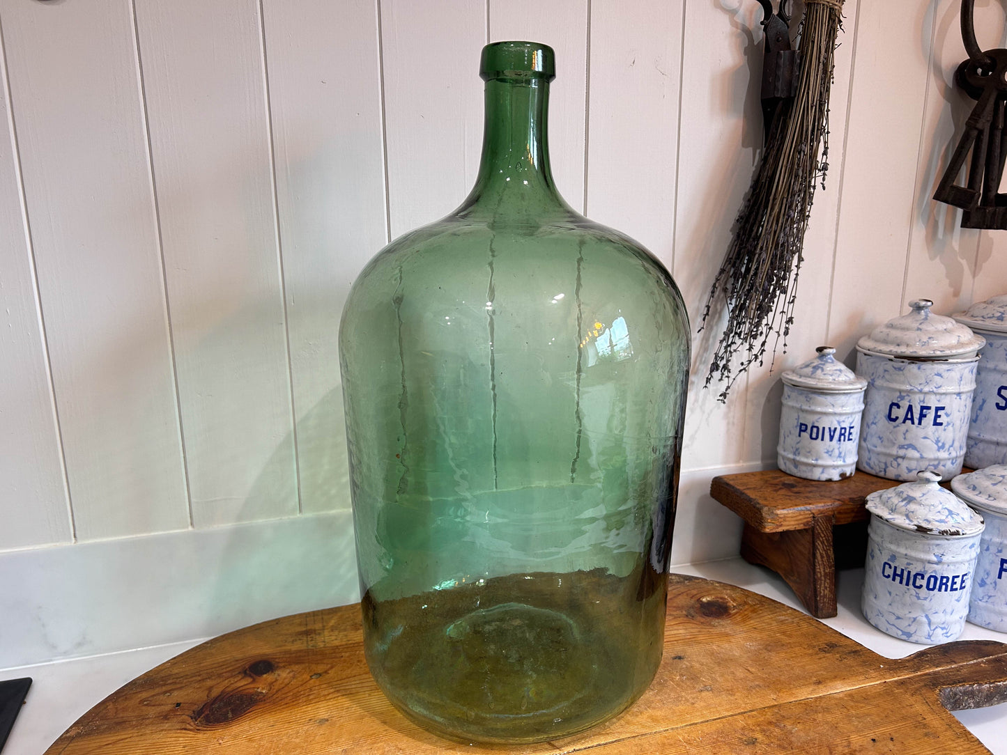 Large Vintage French Green Glass Vase Dame Jeanne