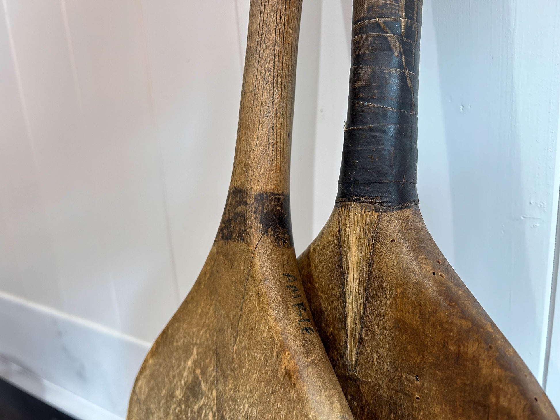 Two English Antique Wooden Stoolball School Game Bat Paddles