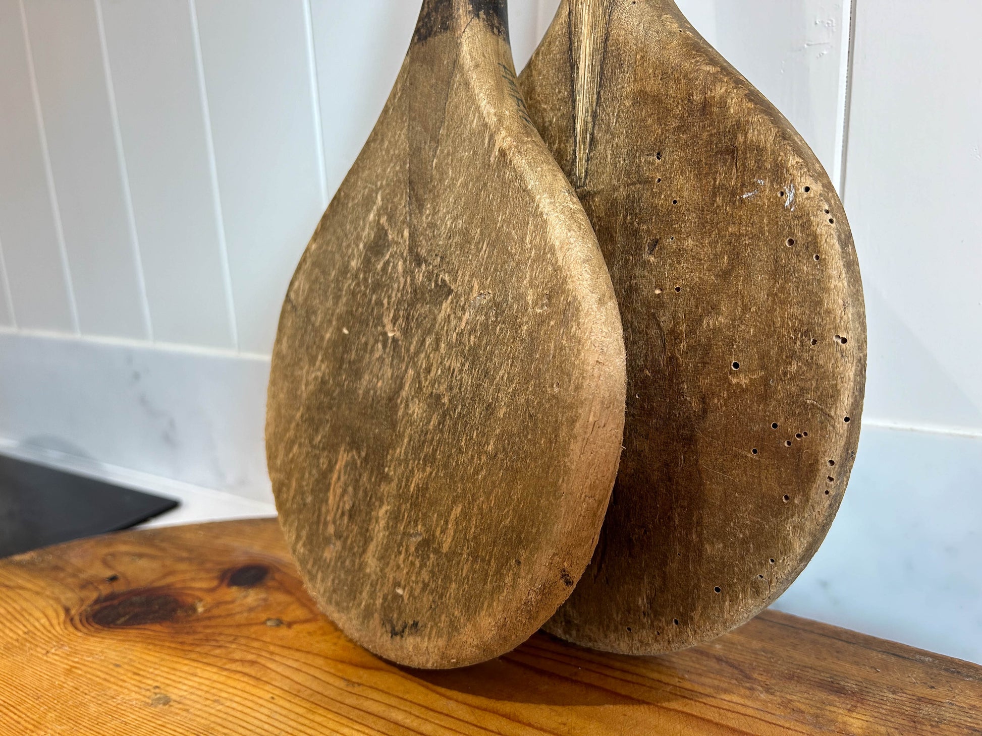 Two English Antique Wooden Stoolball School Game Bat Paddles