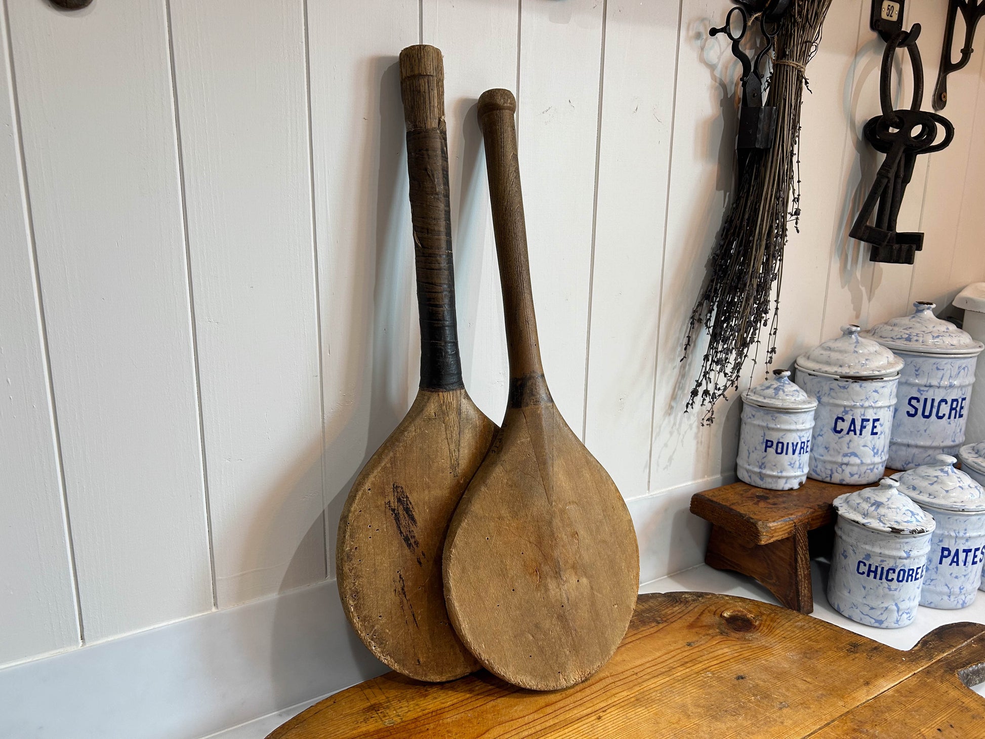 Two English Antique Wooden Stoolball School Game Bat Paddles