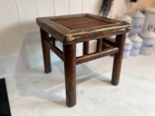 Small 19th Century Chinese Qing Dynasty Wooden Stool With Bamboo Seat