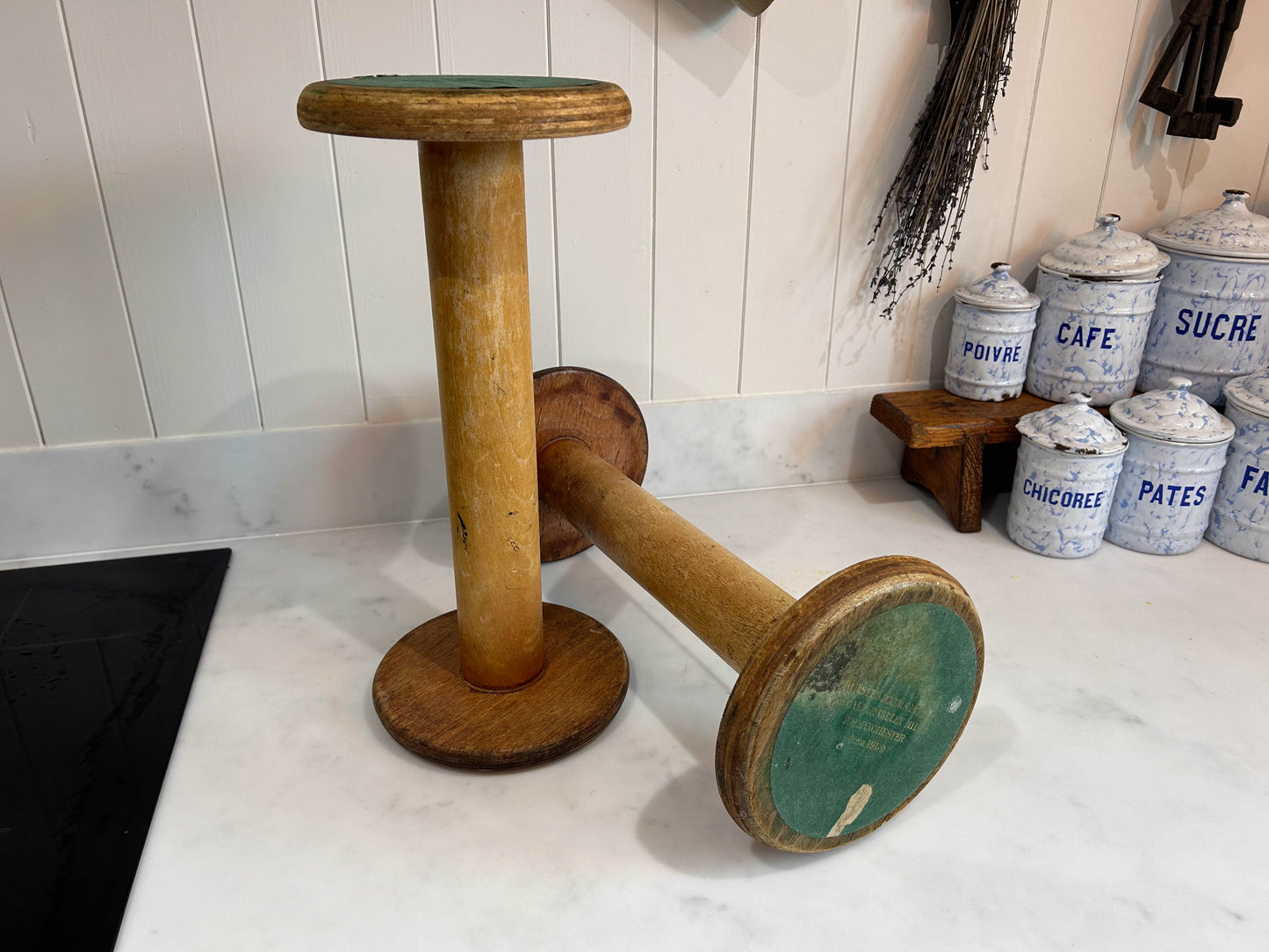 Large Original Industrial Wooden Bobbin Spool from Manchester with Text