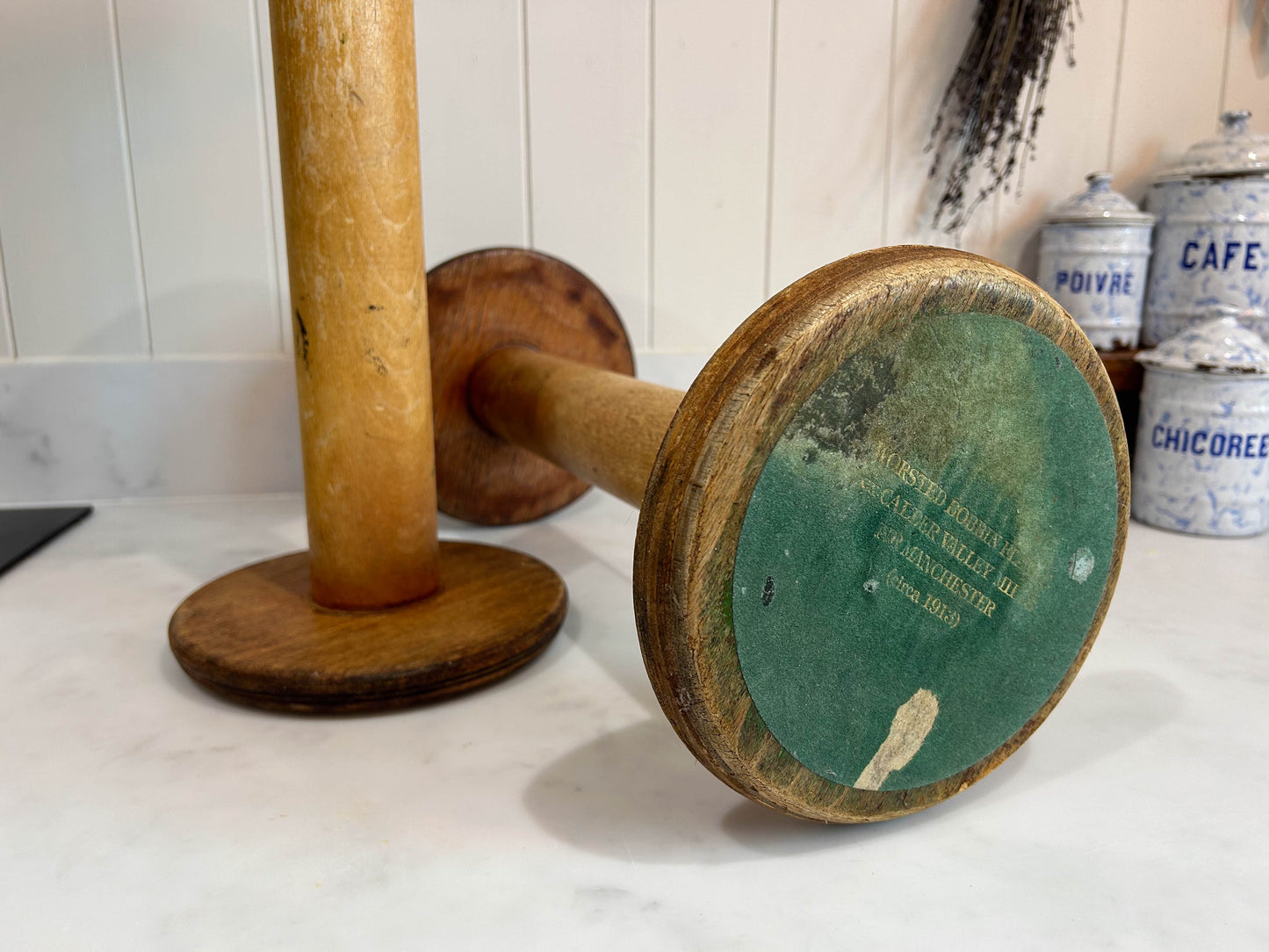 Large Original Industrial Wooden Bobbin Spool from Manchester with Text