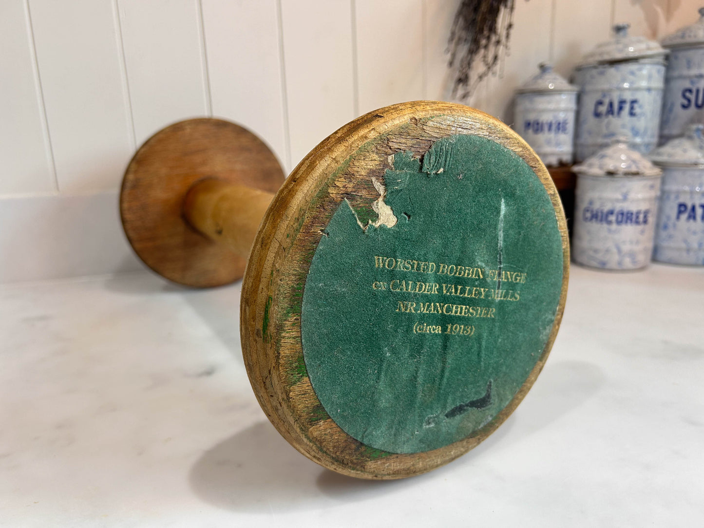 Large Original Industrial Wooden Bobbin Spool from Manchester with Text