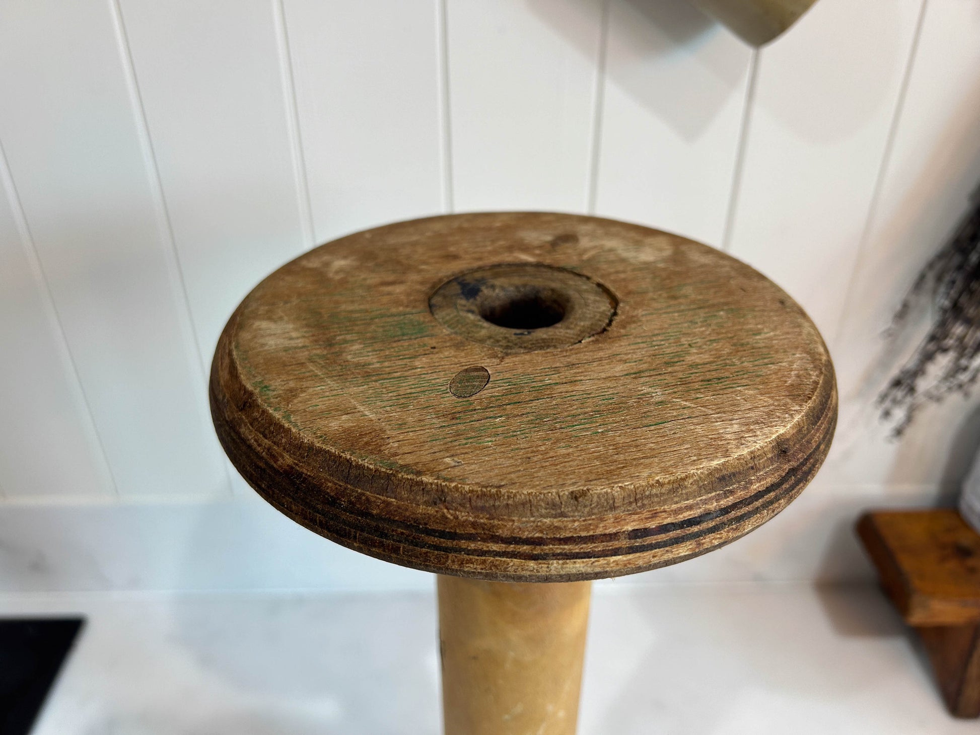 Large Original Industrial Wooden Bobbin Spool from Manchester with Text