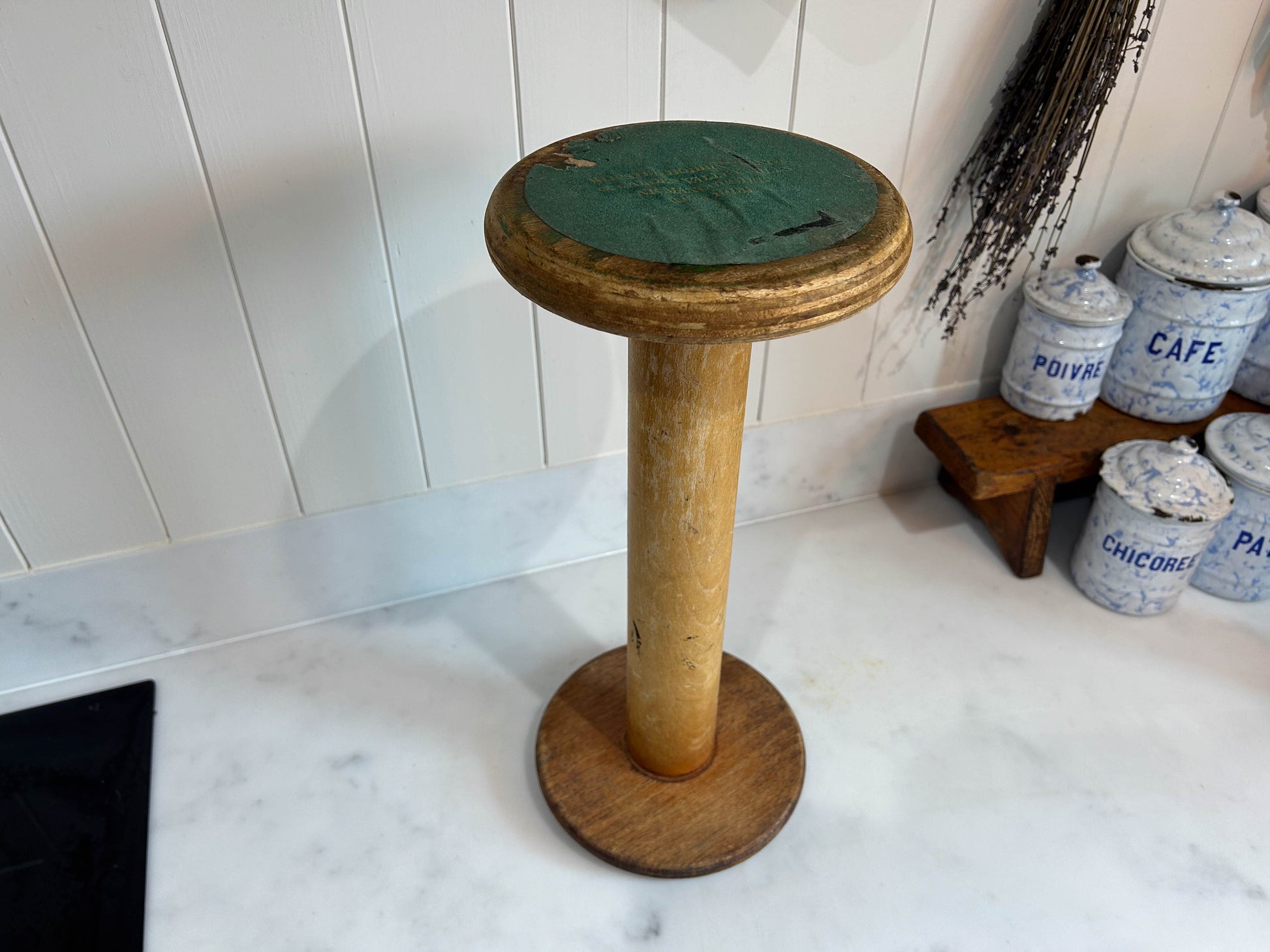 Large Original Industrial Wooden Bobbin Spool from Manchester with Text