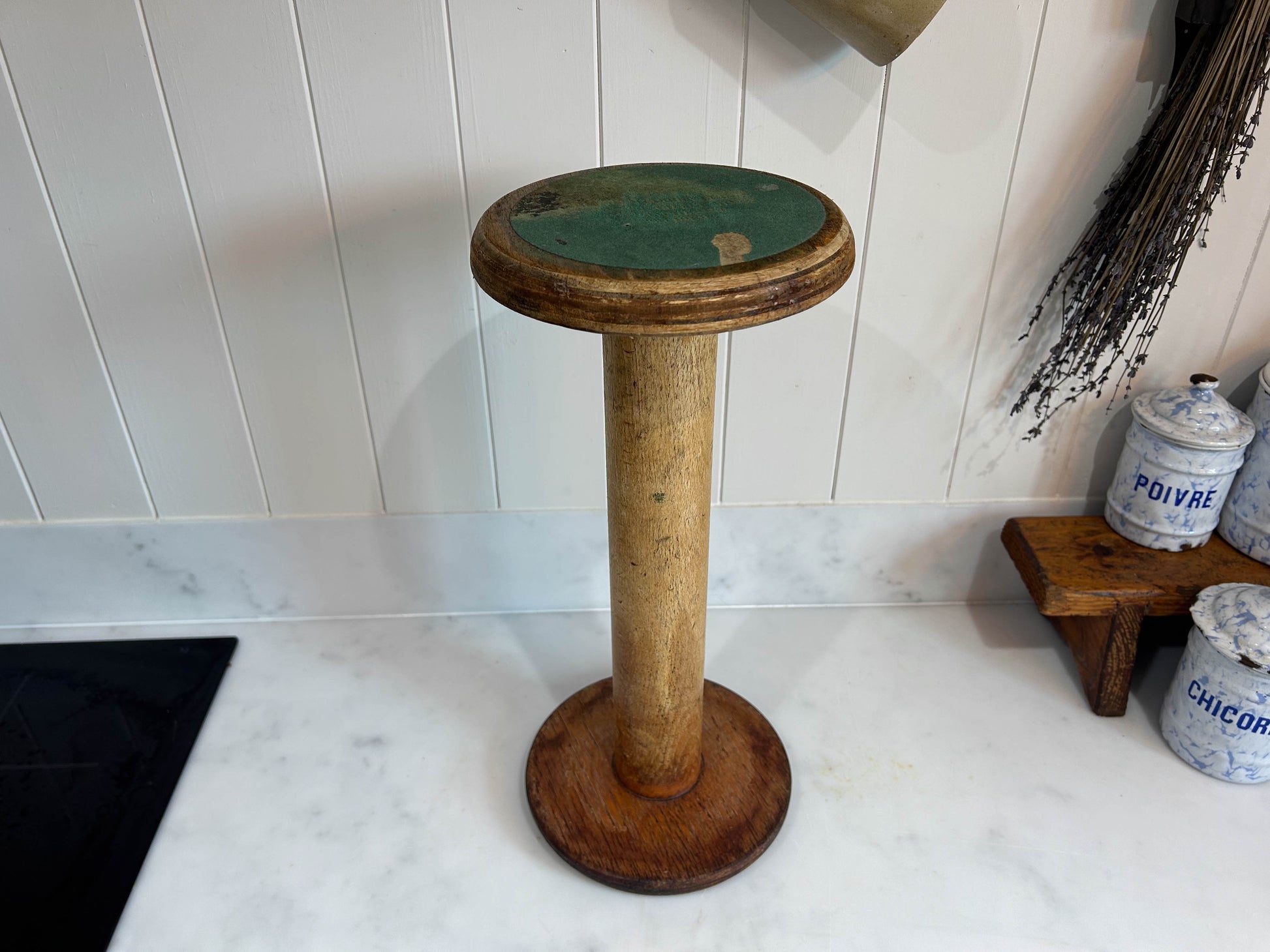 Large Original Industrial Wooden Bobbin Spool from Manchester with Text