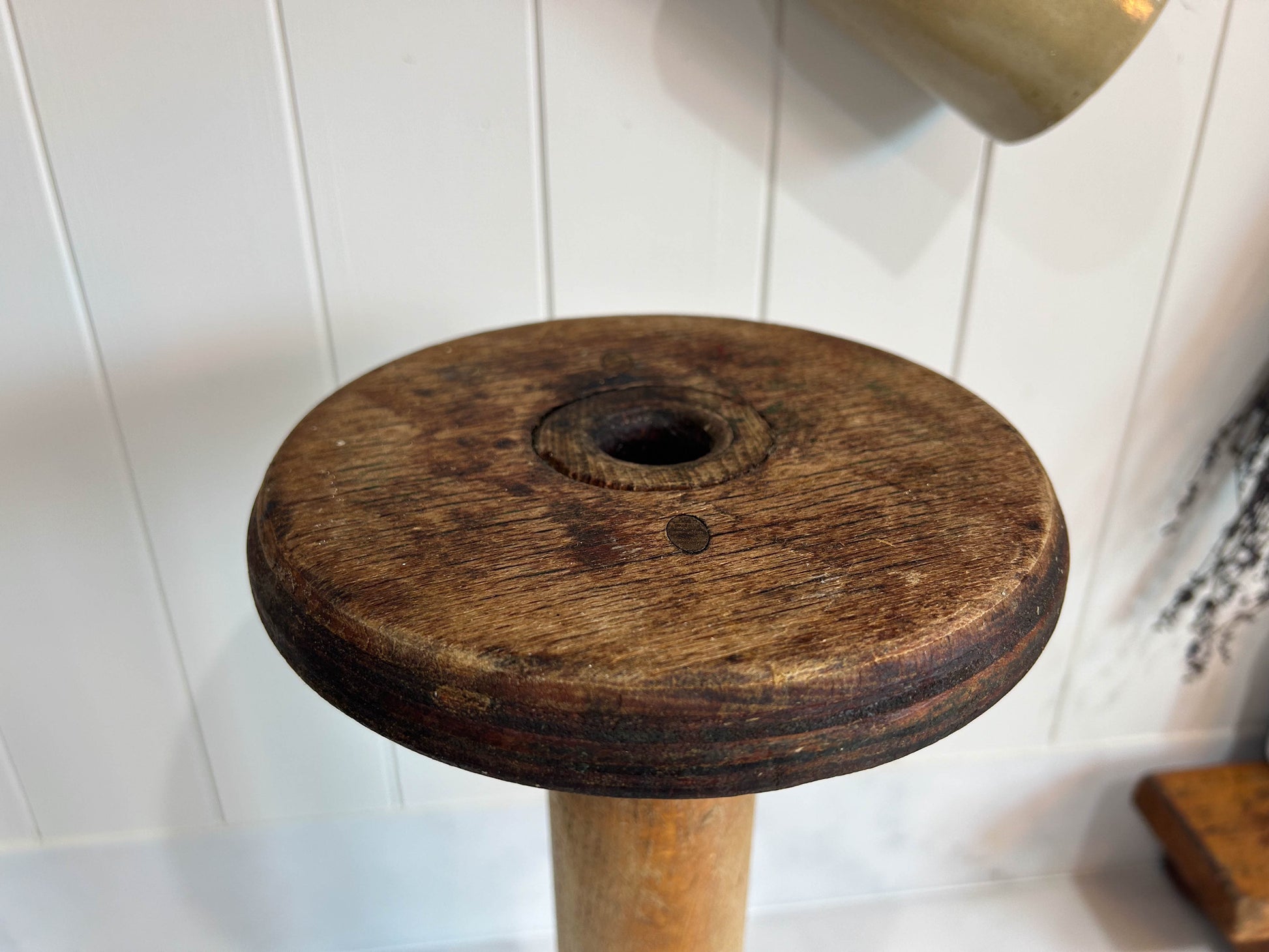 Large Original Industrial Wooden Bobbin Spool from Manchester with Text