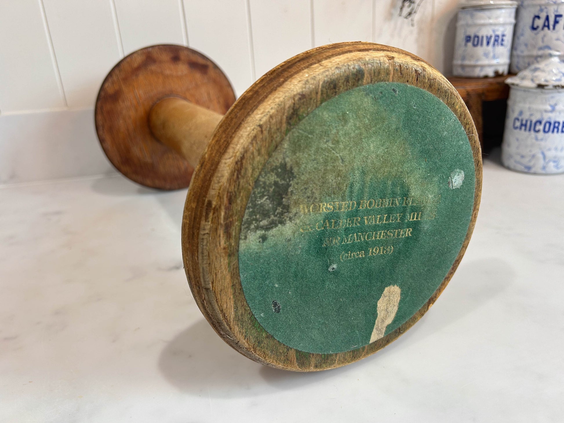 Large Original Industrial Wooden Bobbin Spool from Manchester with Text