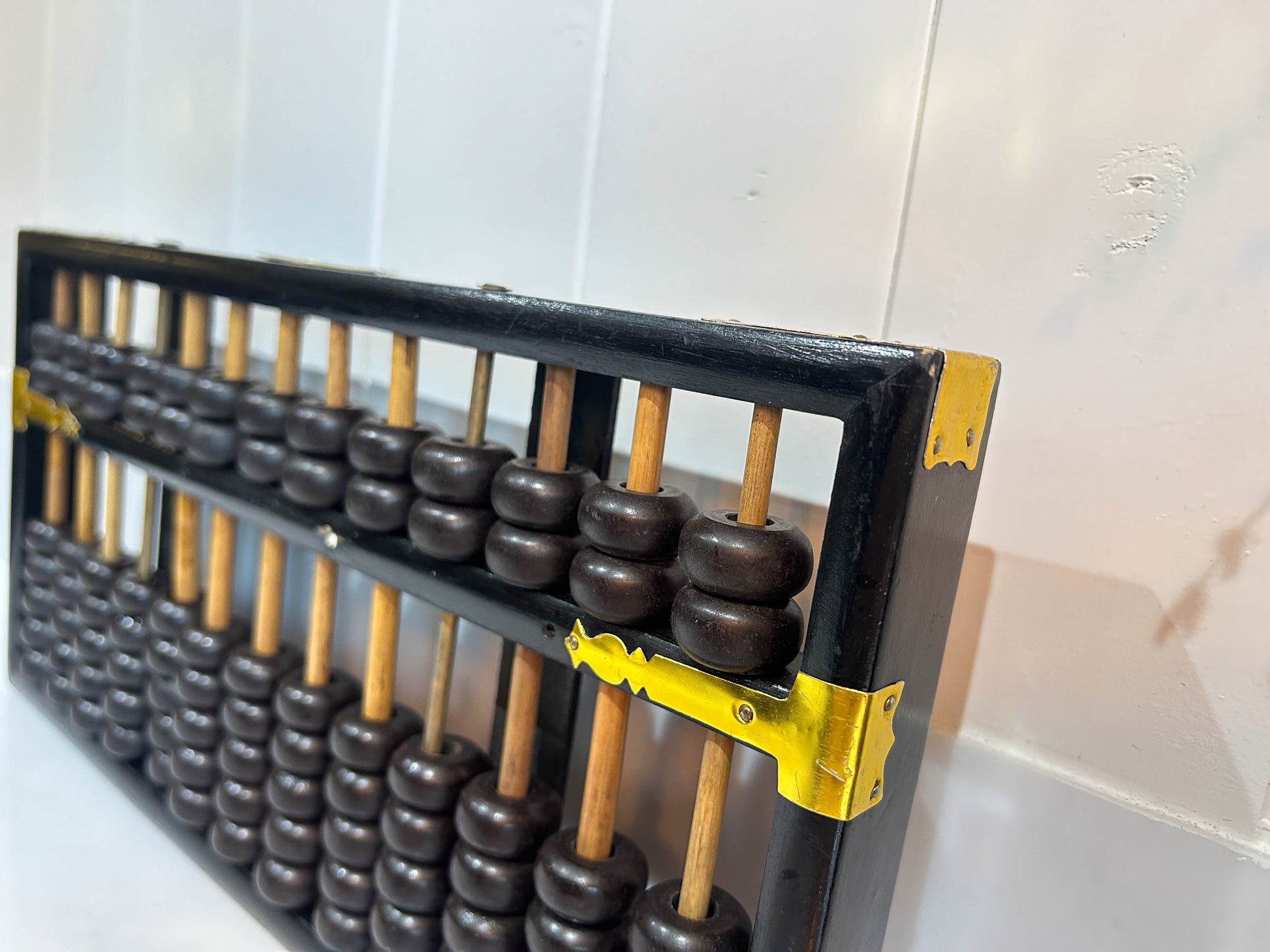 Vintage Chinese Flying Eagle Black Wooden Abacus with Brass Fittings Ancient Eastern Mathematics Tools Collectible