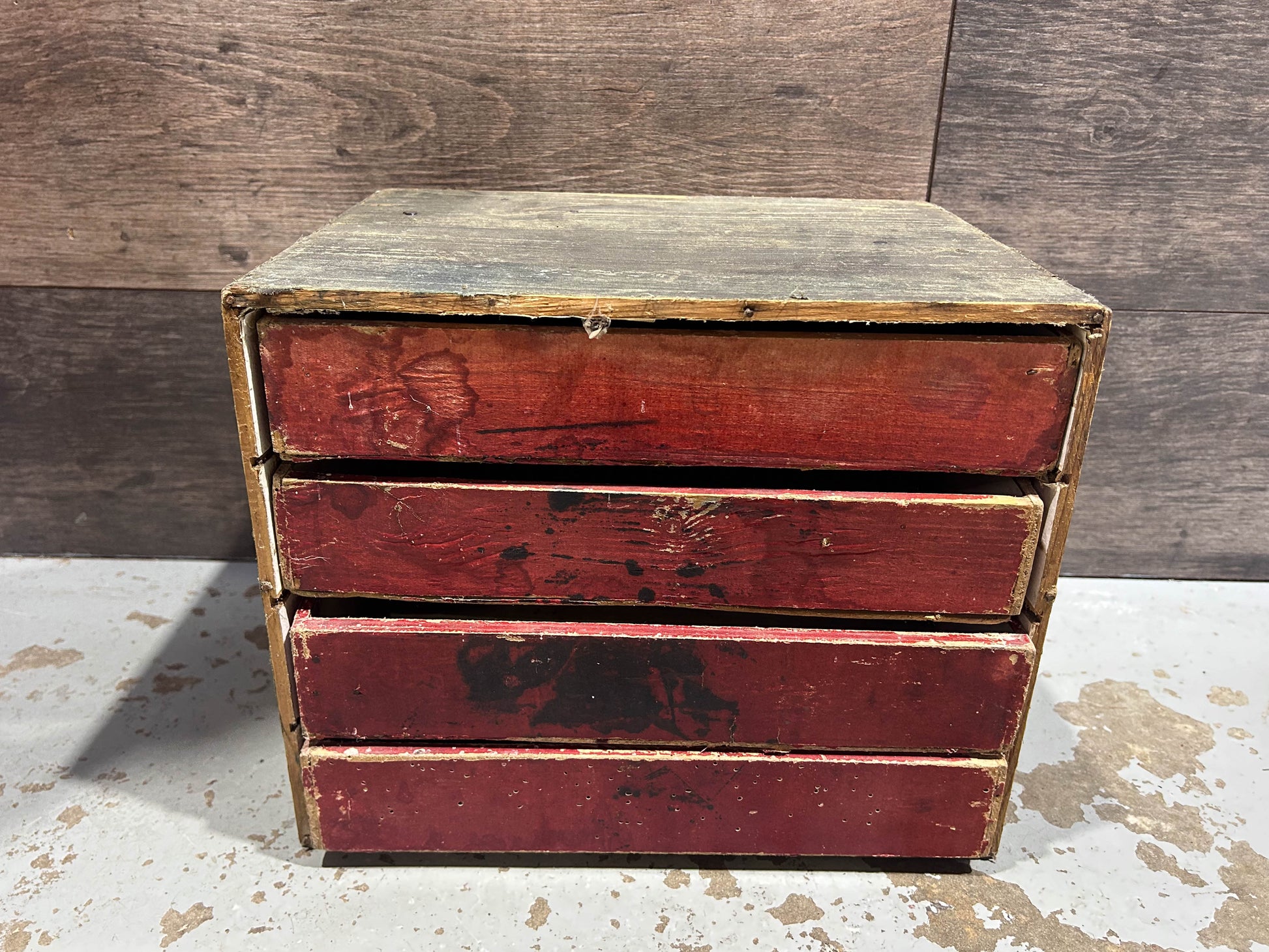 Vintage Mid Century Post Office Small Bank of Wooden Paper Drawers